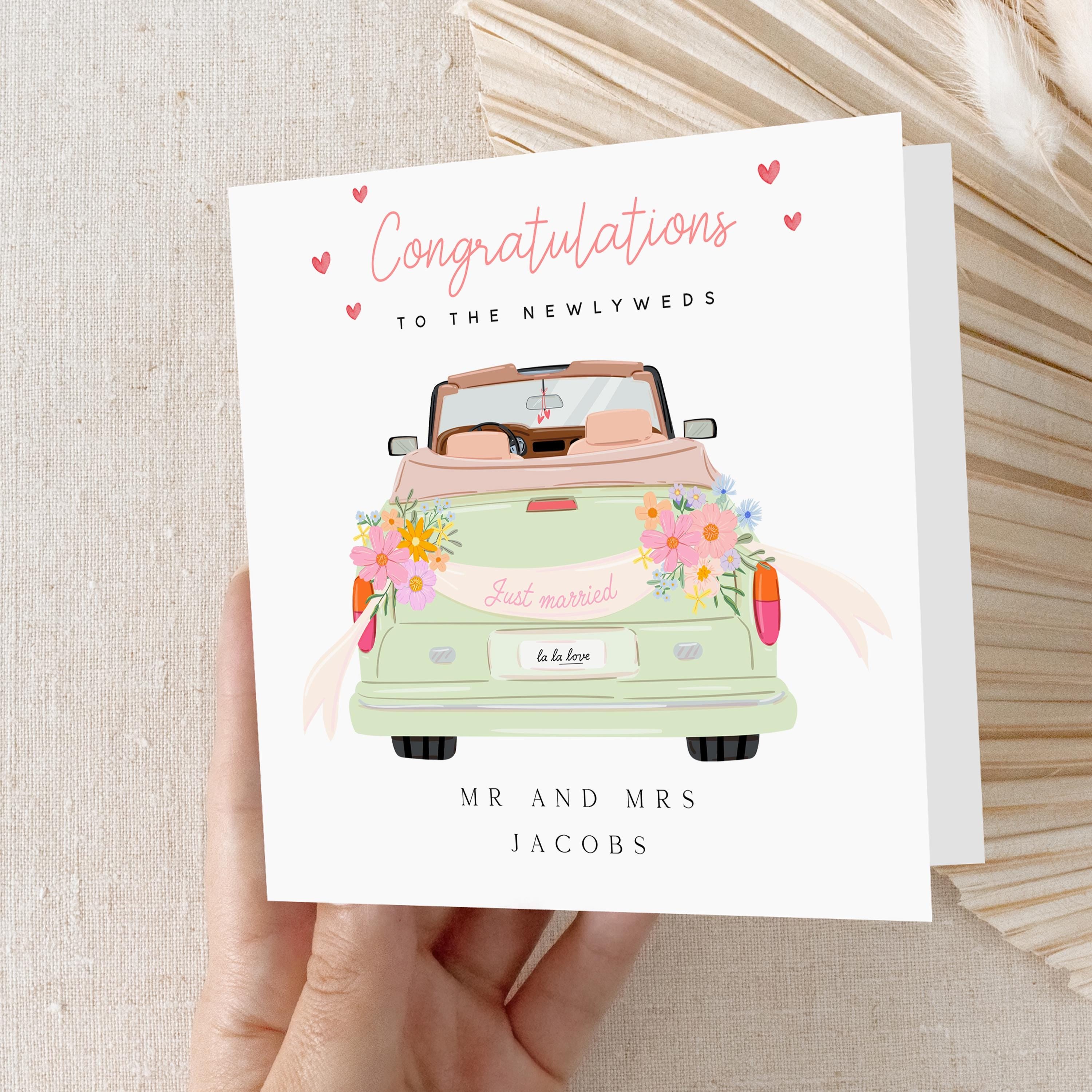 Personalised Wedding Card, Congratulations Just Married Card, Newlyweds,Mr & Mrs,Wedding Car, Bride and Groom Card,Wedding Gift Personalised