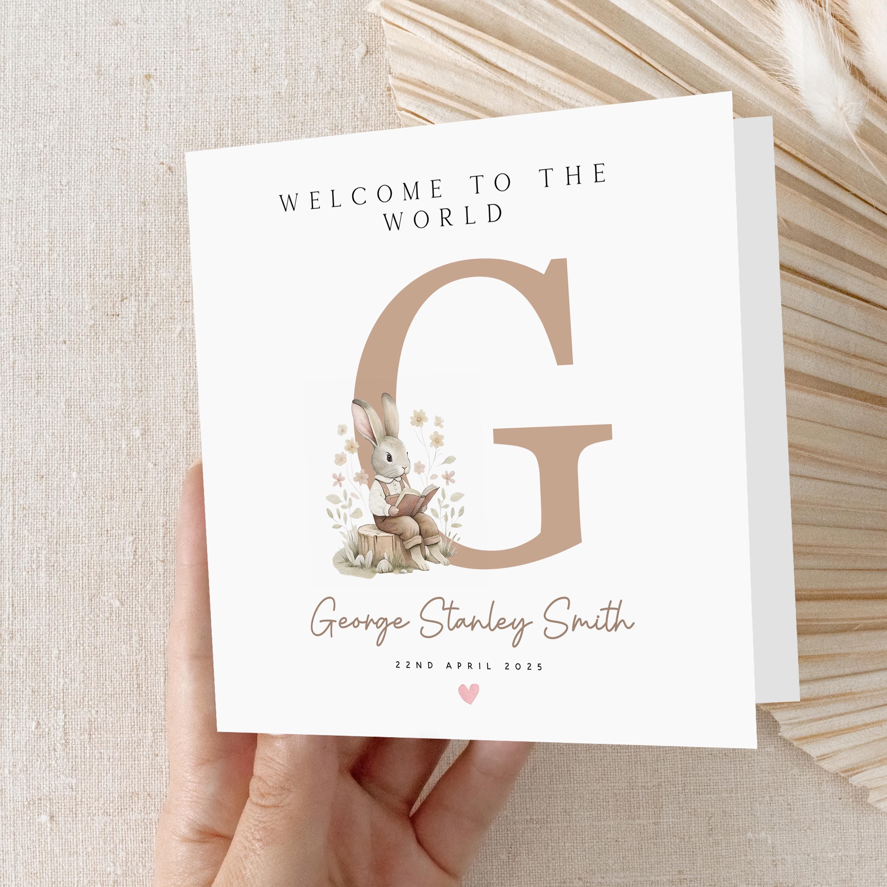 Personalised New Baby Card, Welcome To The World Card, Bunny Rabbit Design, Baby Boy Girl, Congratulations New Parents, Kraft Envelope