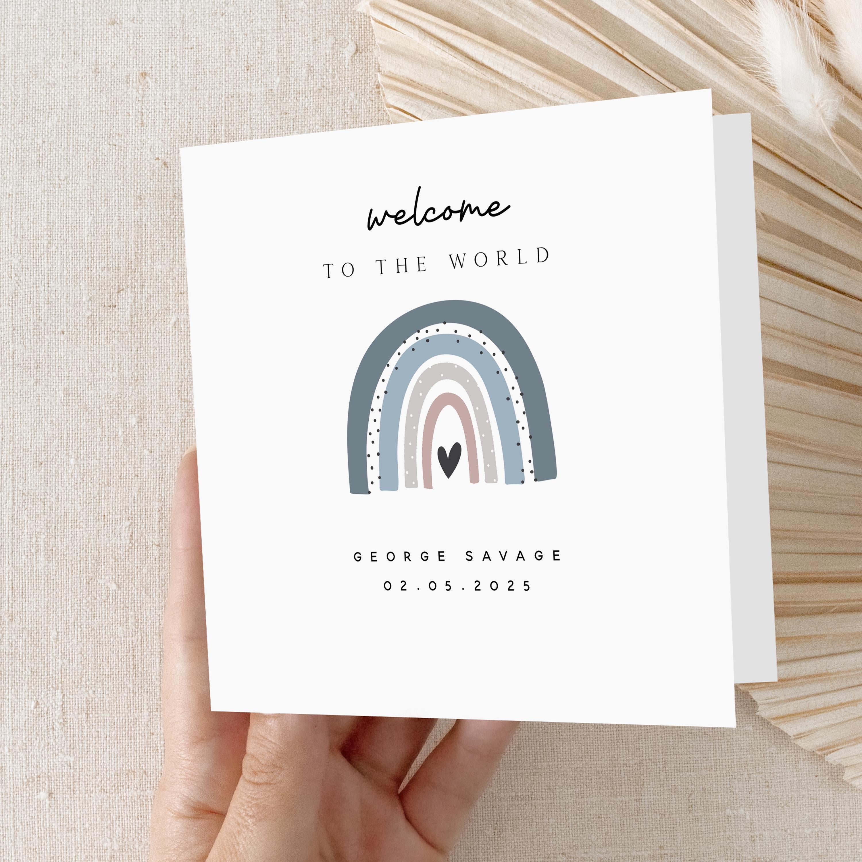 Personalised New Baby Card, Welcome To The World Card, Rainbow Theme For Boy Design, New born Baby Boy Card, Congratulations New Parents,