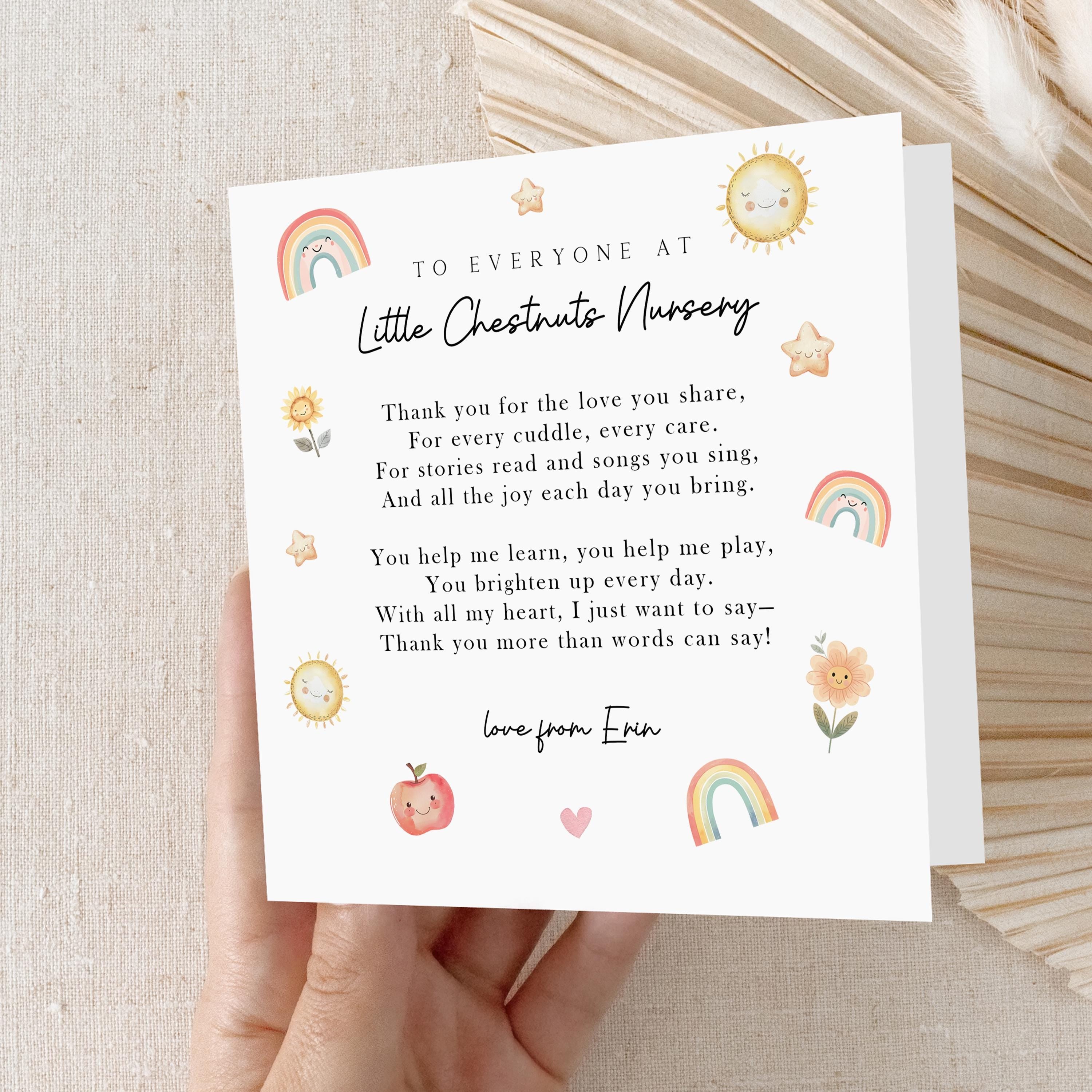 Nursery Thank You Card-Teacher Poem-Personalised School Card-Card For Nursery Workers-Teacher Gift-Keyworker-Pre School-Nursery Card-Rainbow