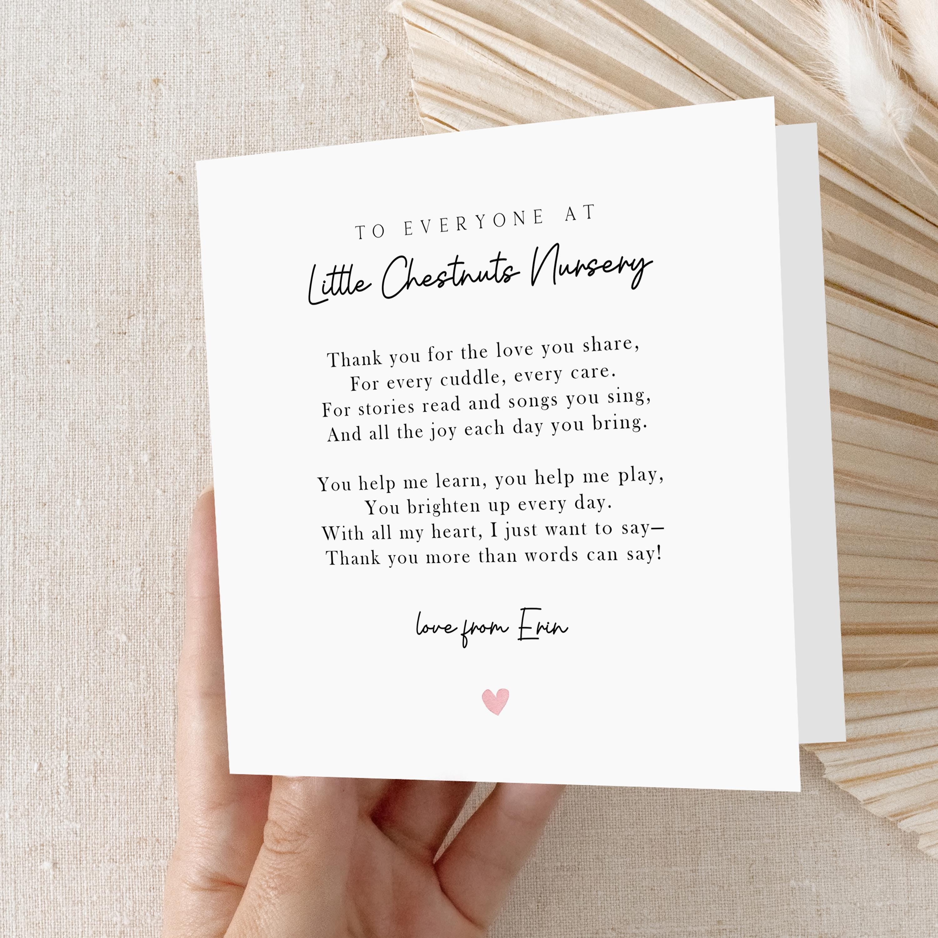 Nursery Thank You Card-Teacher Poem-Personalised School Card-Card For Nursery Workers-Teacher Gift-Keyworker-Pre School-Nursery Card-Minimal