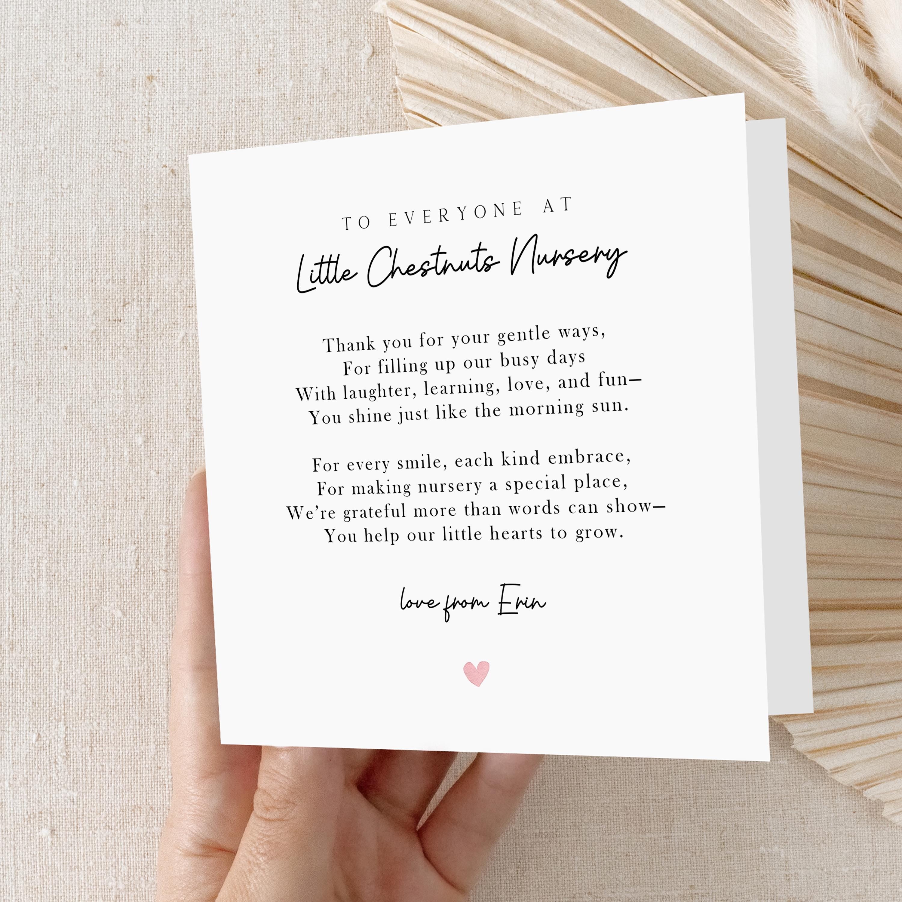 Nursery Thank You Card-Teacher Poem-Personalised Nursery Card-Card For Nursery Worker-Nursery Gift-Keyworker-Pre School-Nursery Card-Minimal