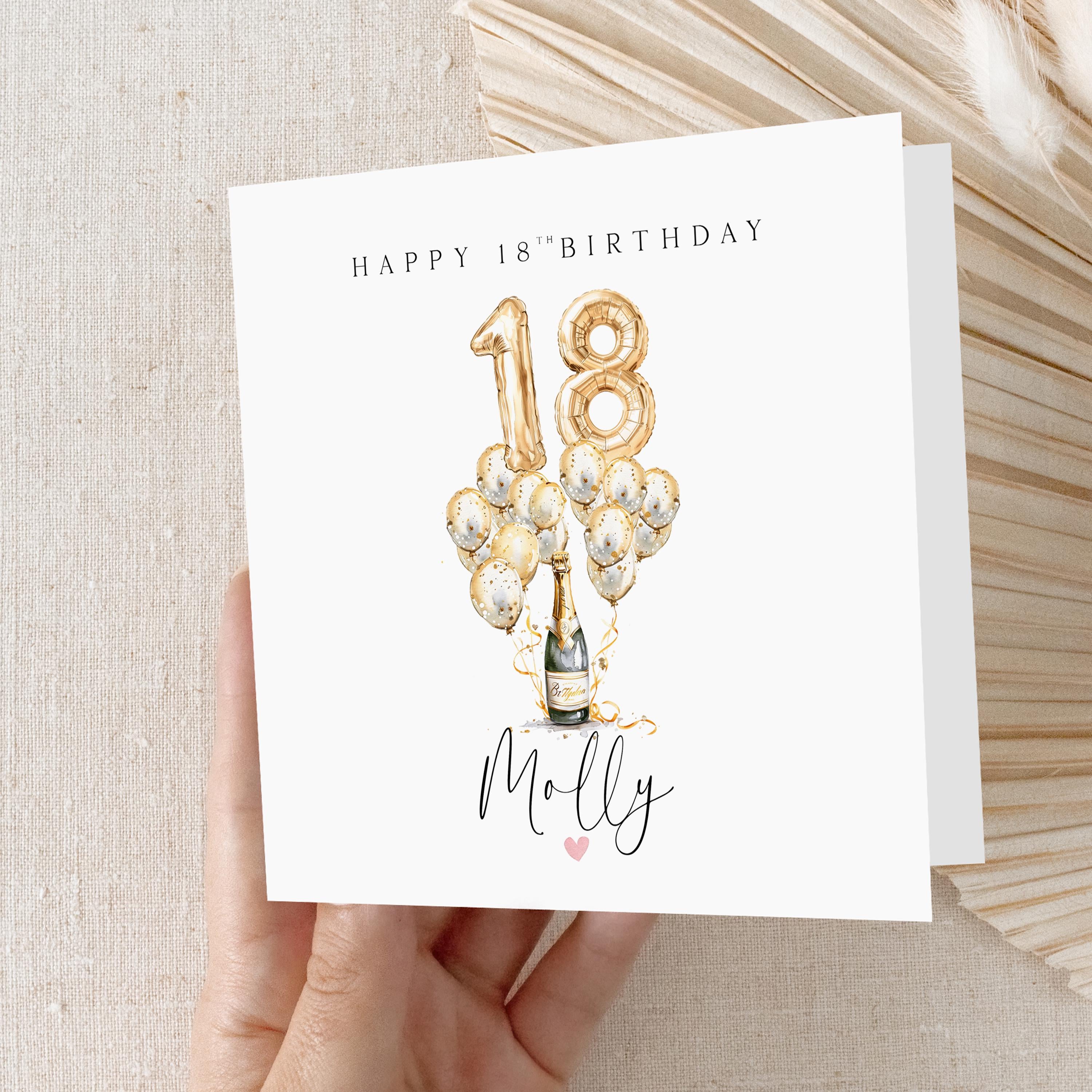 Personalised 18th Birthday Card, Special Milestone Birthday, Eighteenth, Gold Balloons & Champagne Daughter, Sister, Niece, Handmade Card