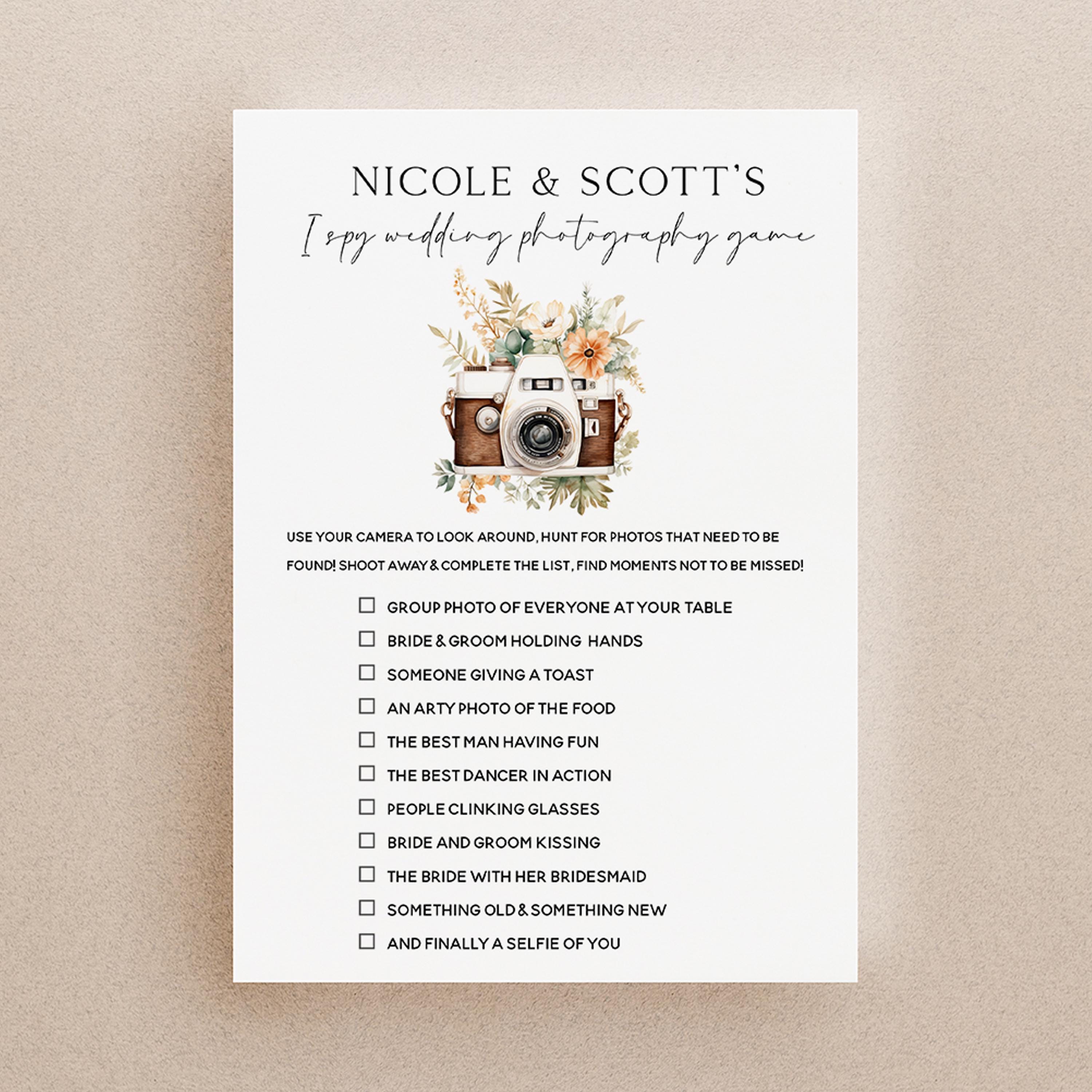 Personalised Wedding I Spy Game Table Activity, Handmade, Ice Breaker, Wedding Day Games, Wedding Favours & Accessories Boho Camera Theme A5