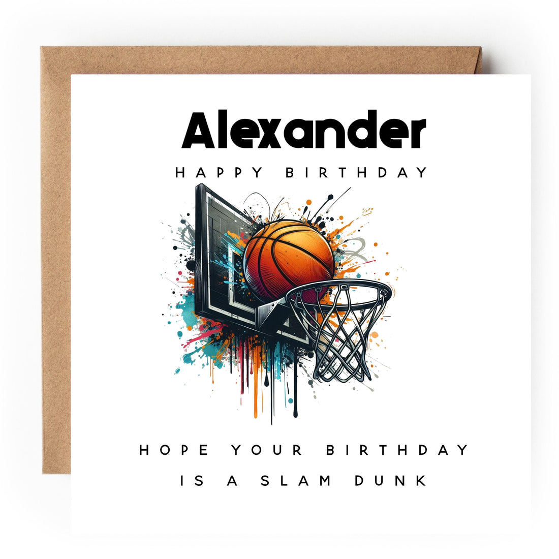 Boys Birthday Card Personalised, Basketball Net Card, Sports theme Custom Name Card, Birthday Card For Son, Nephew, Grandson ,Kraft Envelope
