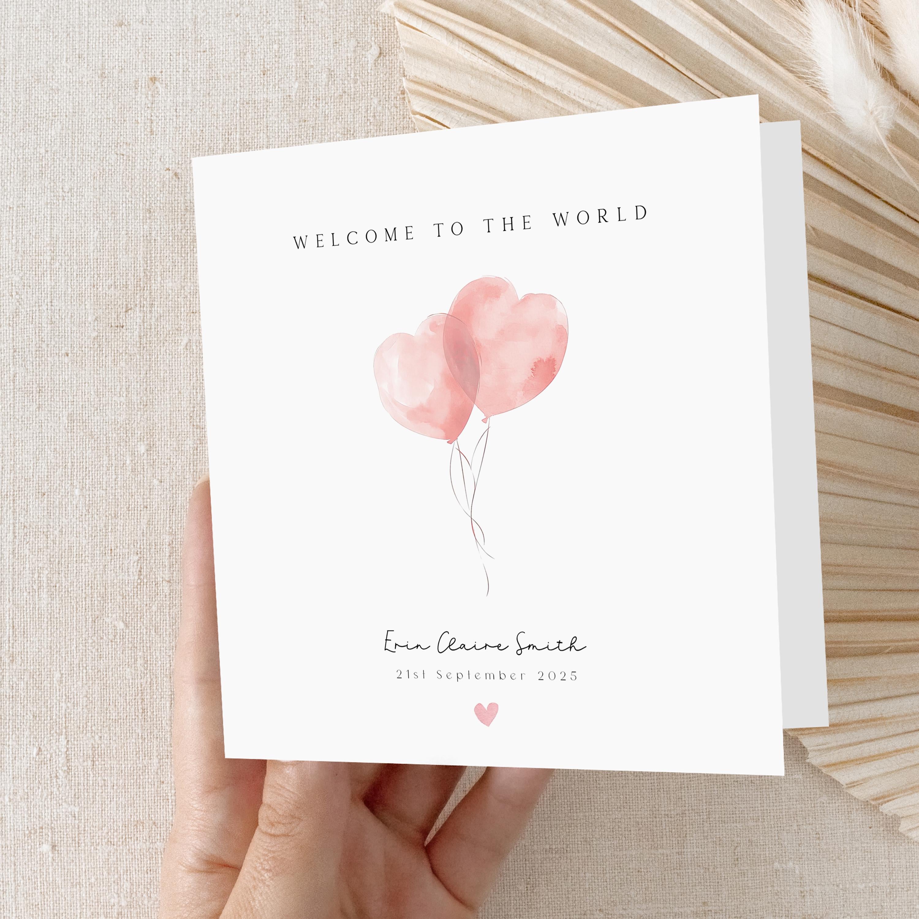 New Baby Girl Card Personalised,Welcome To The World Card, Heart Balloon Design,New Born Card, Congratulations New Parents-New Born Keepsake