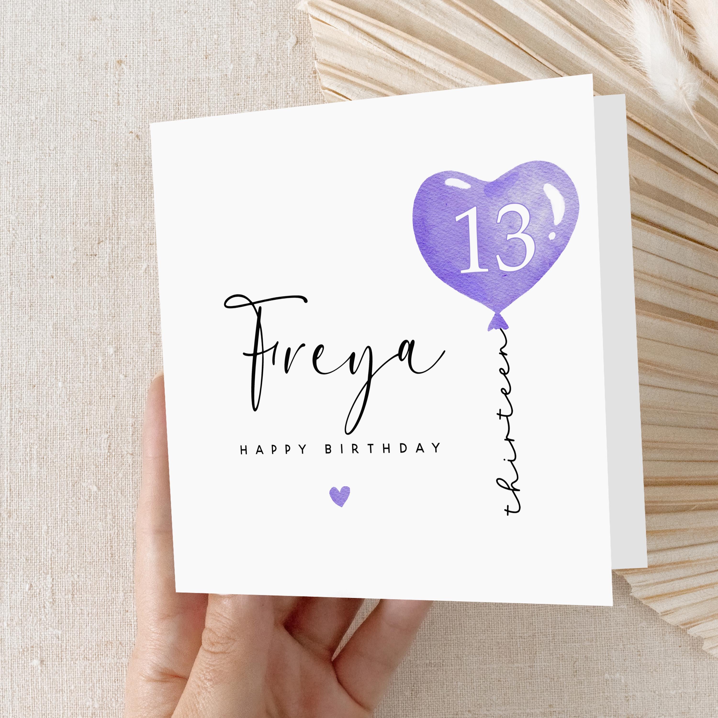Personalised 13th Birthday Card, Special Milestone Card, Birthday For Daughter, Purple Balloon 13, Thirteen Minimal-Kraft Envelope Included
