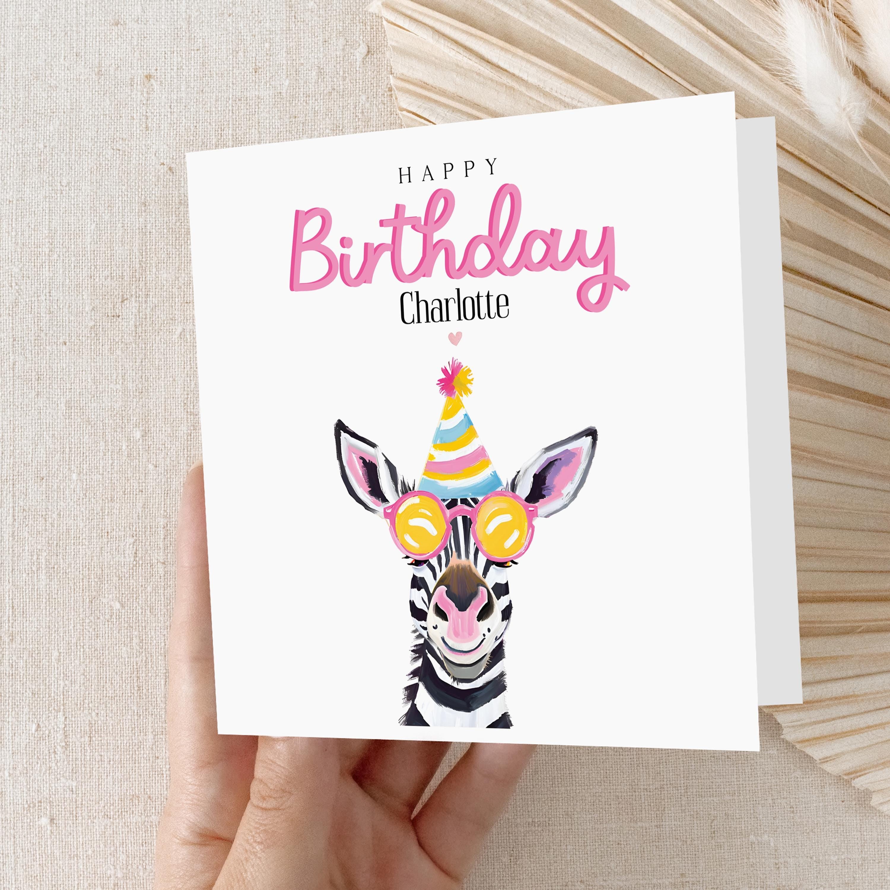 Personalised Zebra Birthday Card For Her, Custom Name Birthday Card, Birthday Card For Wife, Sister, Daughter, Auntie, Friend, Bestie