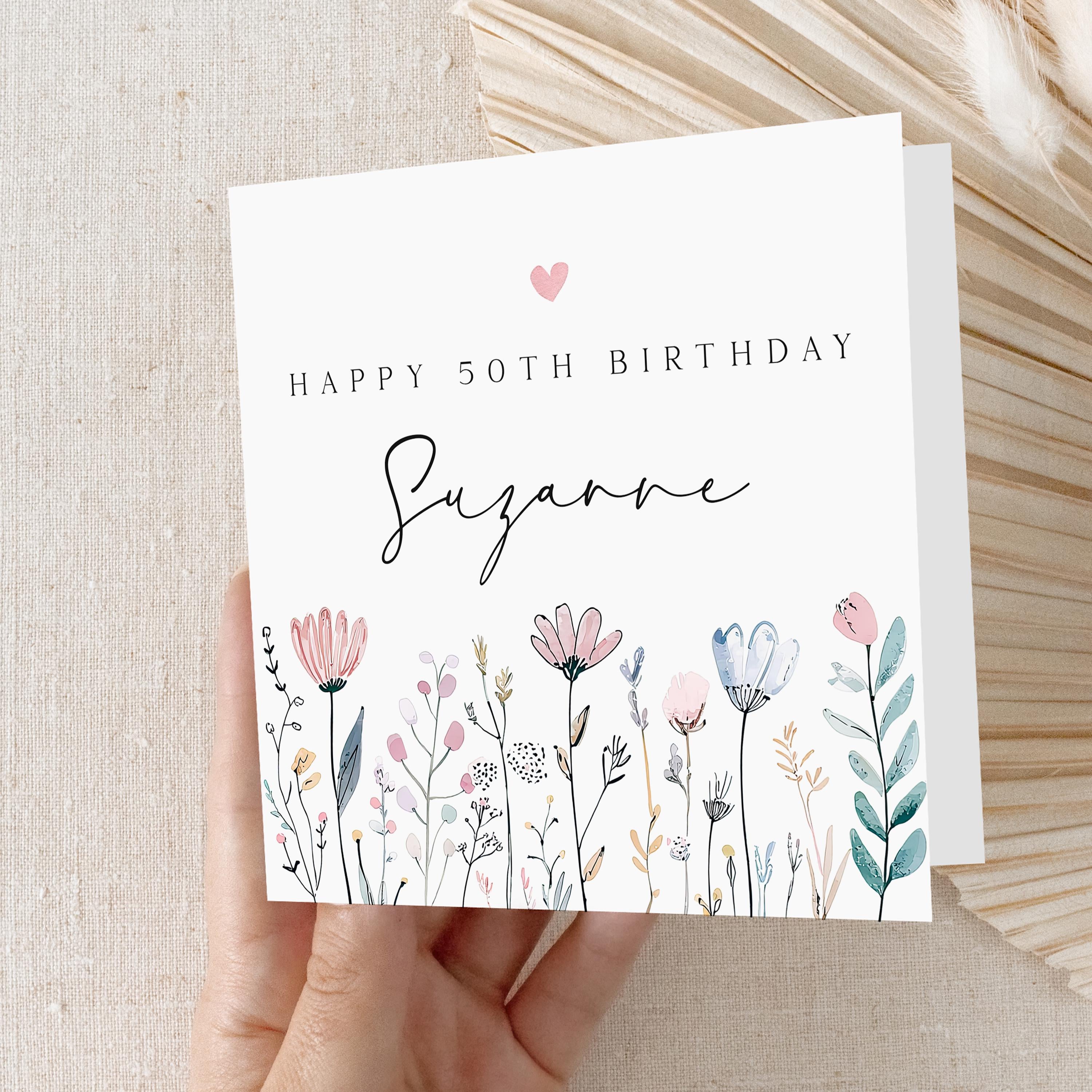Personalised 50th Birthday Card, Special Milestone Card, Birthday Card For Mum, Wife, Sister, Friend, Auntie, Fiftieth Birthday, Flowers