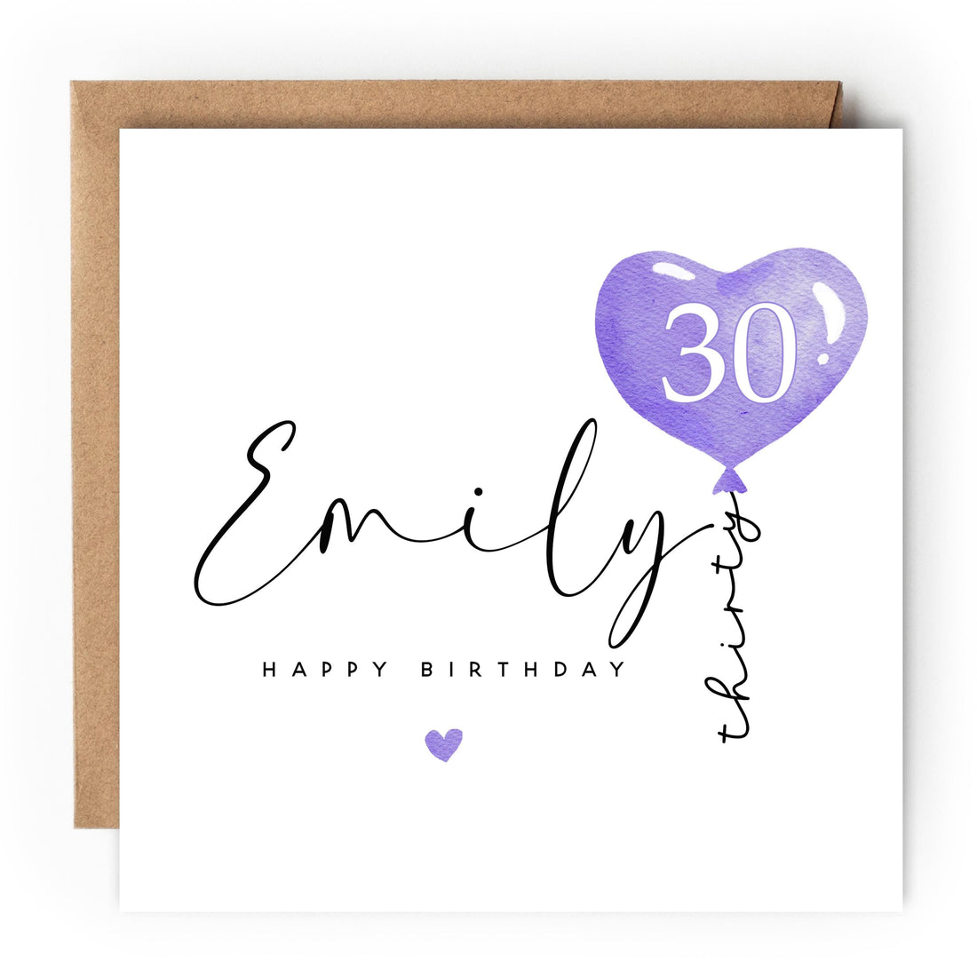 Personalised 30th Birthday Card, Special Milestone Card, Birthday For Daughter, Purple Balloon 30, Thirty Minimal-Kraft Envelope Included