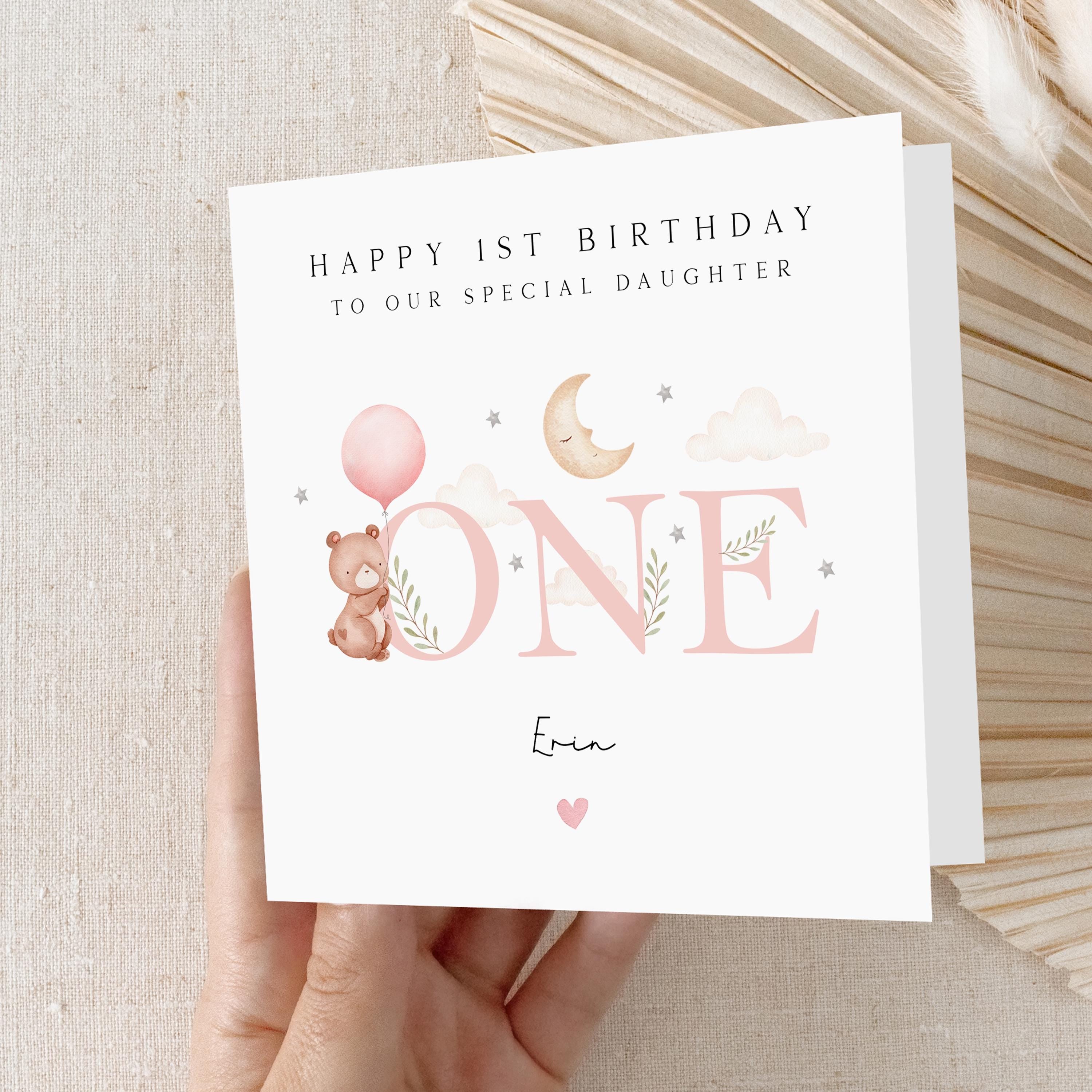 Personalised 1st Birthday Card, Teddy Bear, Baby 1st Birthday Card, First Birthday, Girl&