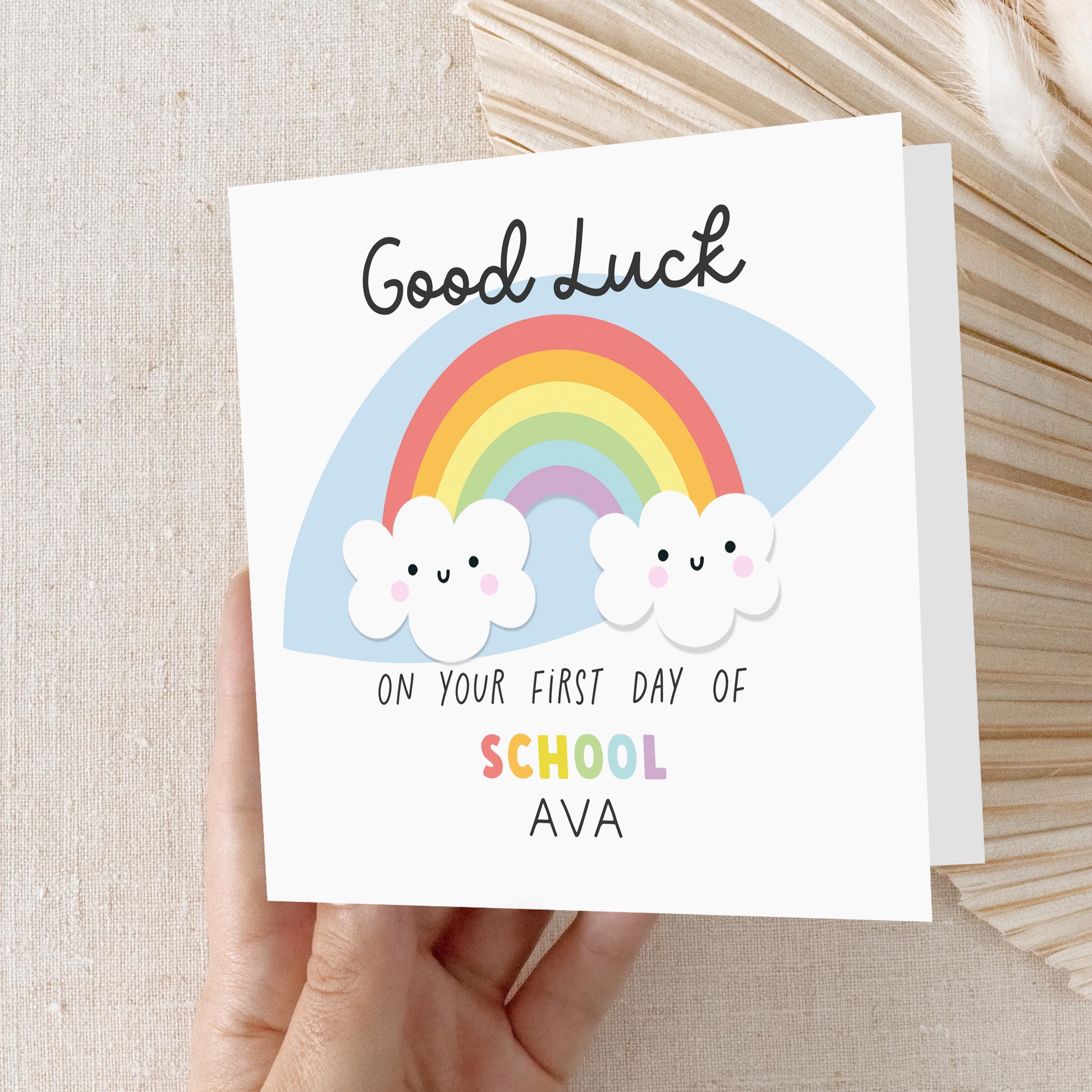 Good Luck 1st Day Of School Card, Personalised First Day Of School, Happy 1st Day Of School, Back To School Good Luck Gift, Cloud & Rainbow