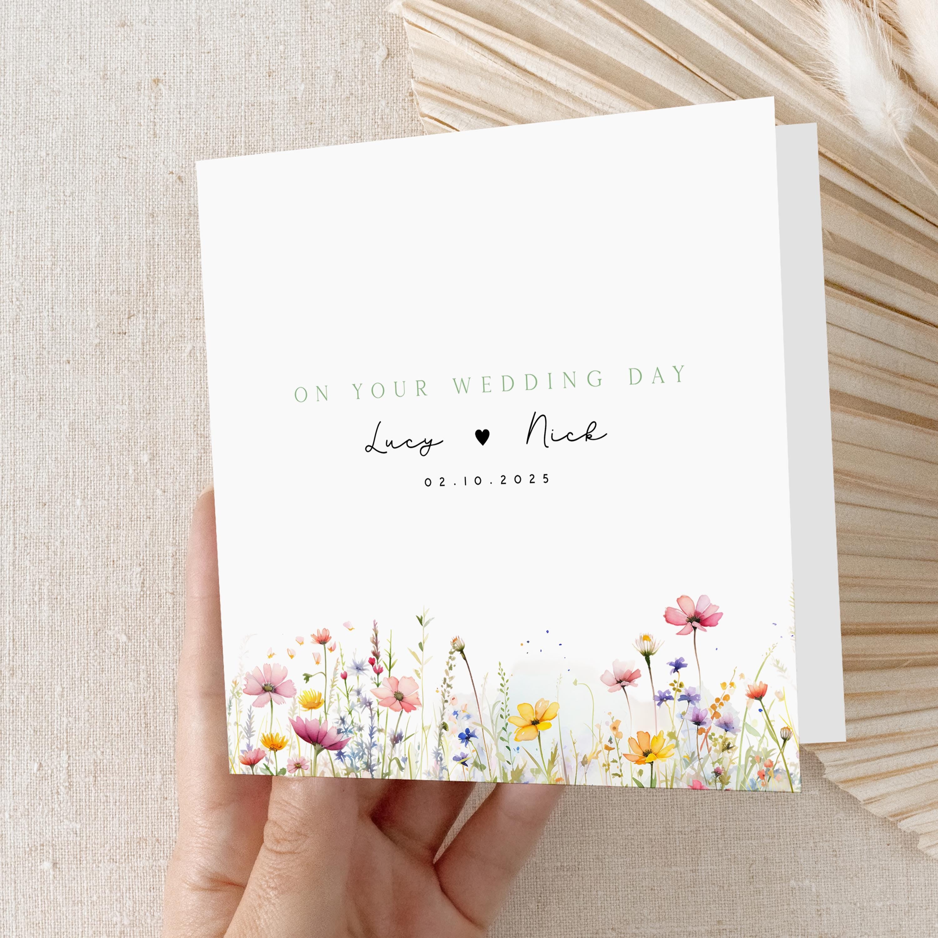 Personalised Wedding Day Card, Handmade Wildflower Card For Newlywed Couple, Just Married, Wedding Gift, Congratulations On Your Wedding Day