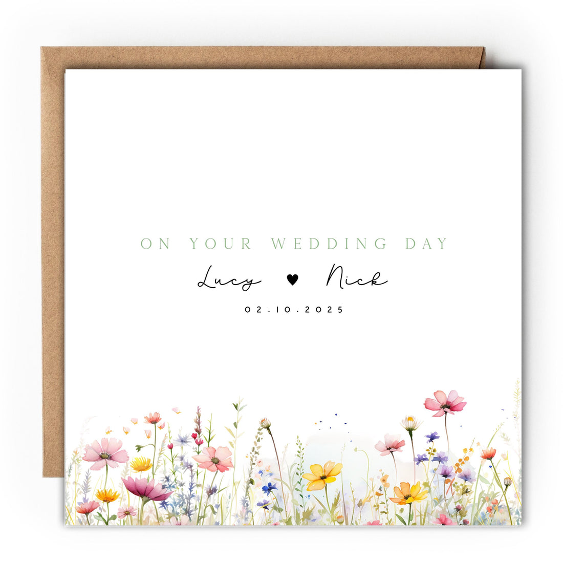 Personalised Wedding Day Card, Handmade Wildflower Card For Newlywed Couple, Just Married, Wedding Gift, Congratulations On Your Wedding Day