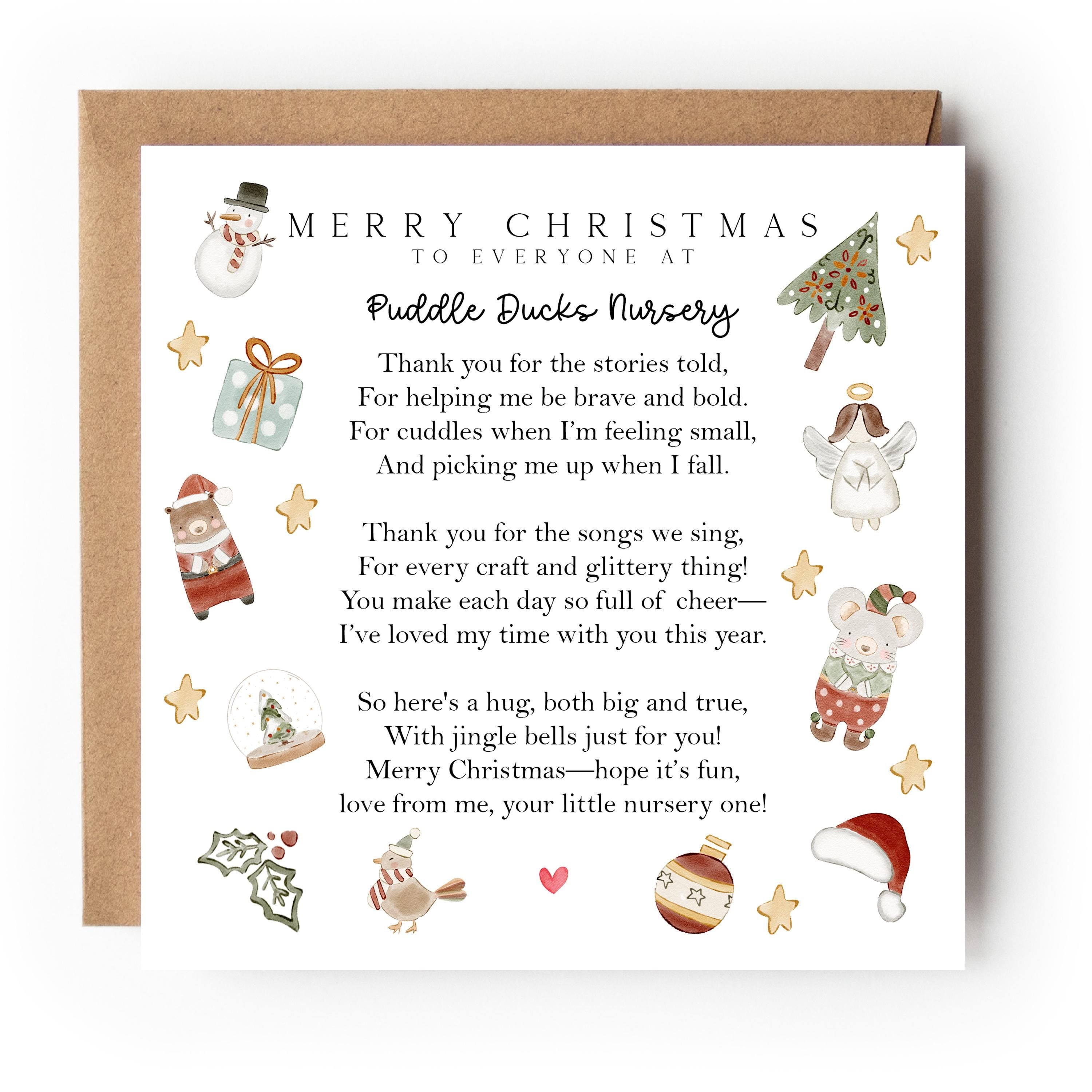 Nursery Christmas Card-Personalised School Christmas Card-Teacher Christmas Card-Nursery Christmas Gift-Teacher Christmas Gift-Xmas Poem