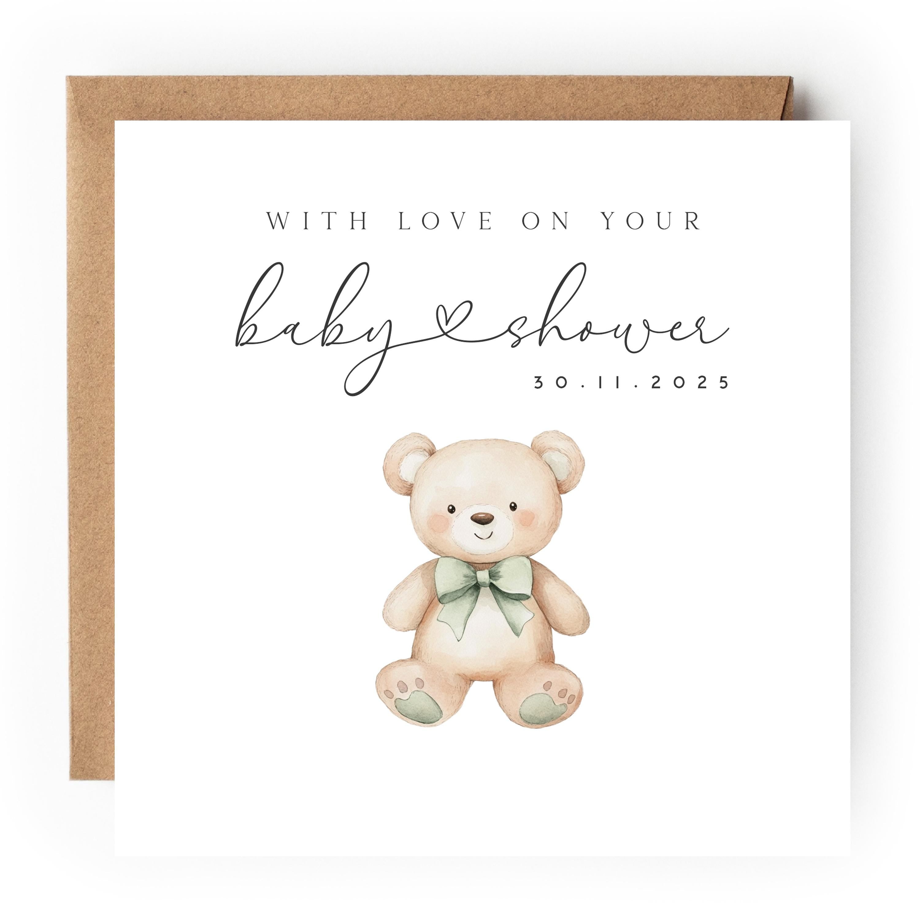 Personalised Baby shower Card, Baby Shower Gift, New Mum To Be, Gender Neutral Card, Baby Shower Card, Handmade Gift, Sage Ribbon Teddy Bear