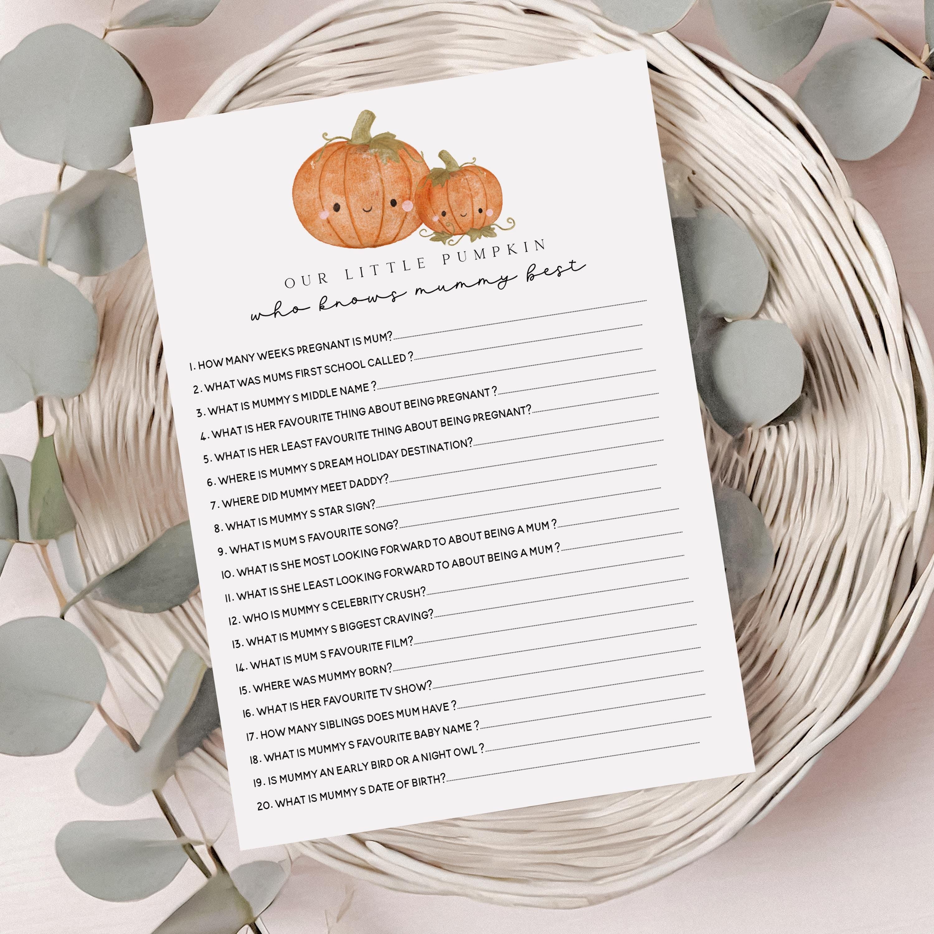 Baby Shower Pumpkin Who Knows Mummy Best Cards, Halloween Baby Shower, Little Pumpkin, Autumn, Mum To Be Gender Reveal Party Games Favours