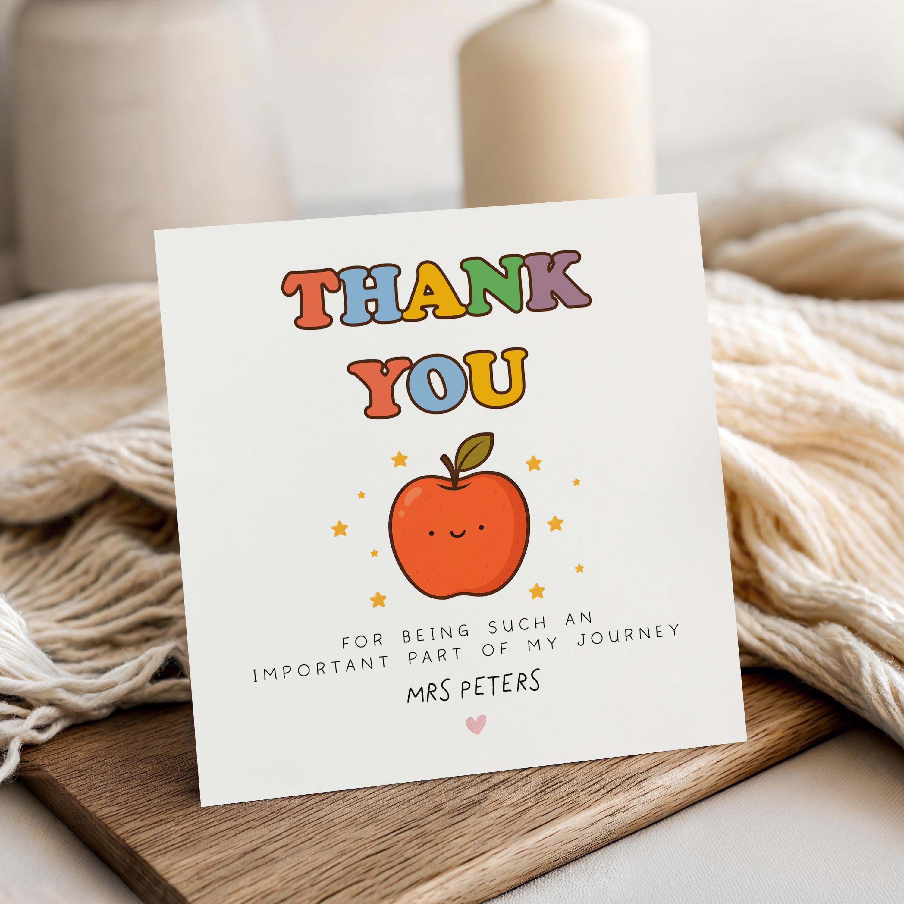 Thank You Card-Part Of My Journey -Teacher Card-Friend-Colleague-Mentor-End Of School Year-Friendship Card-Apple With Kraft Envelope
