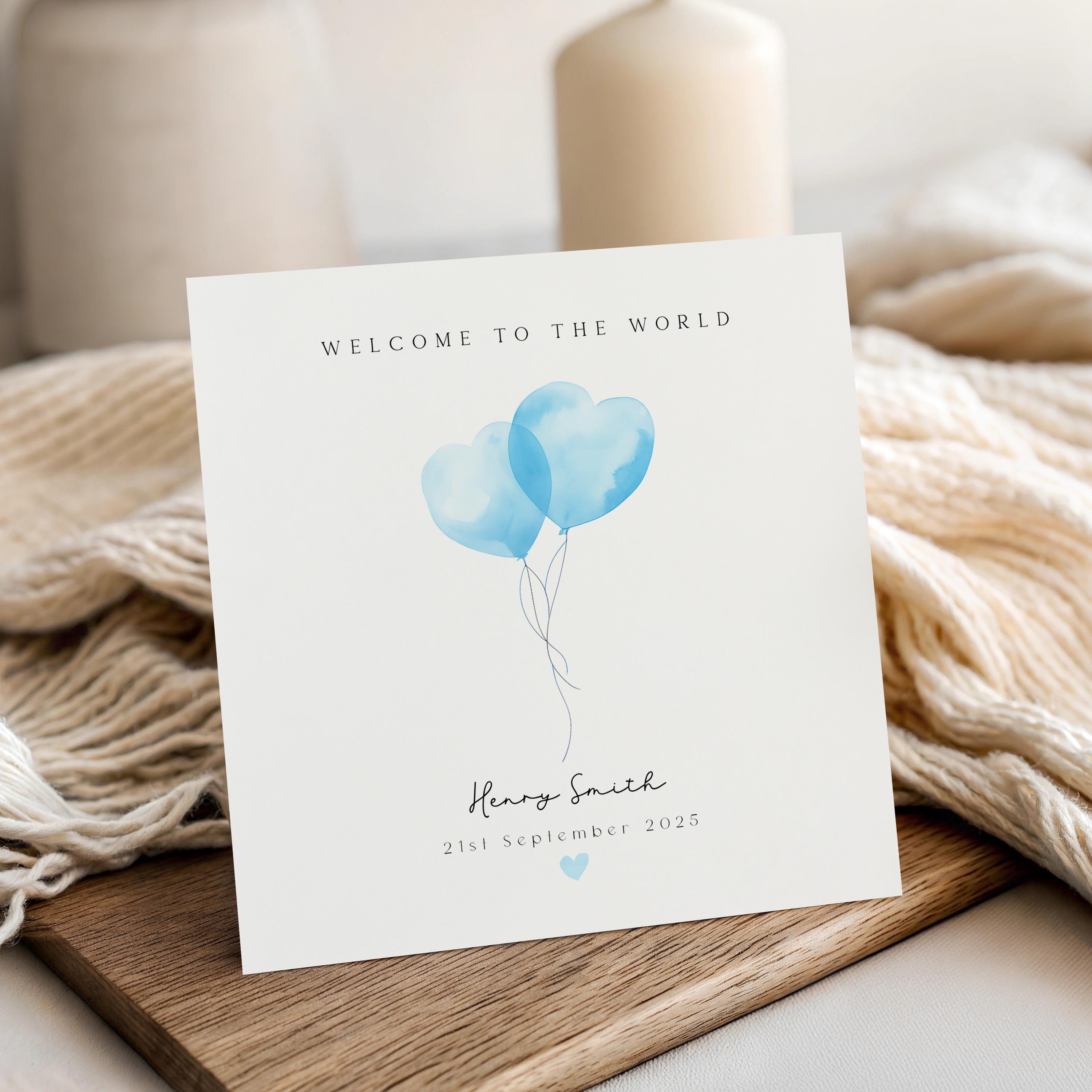 New Baby Boy Card Personalised, Welcome To The World Card, Heart Balloon Design,New Born Card, Congratulations New Parents-New Born Keepsake