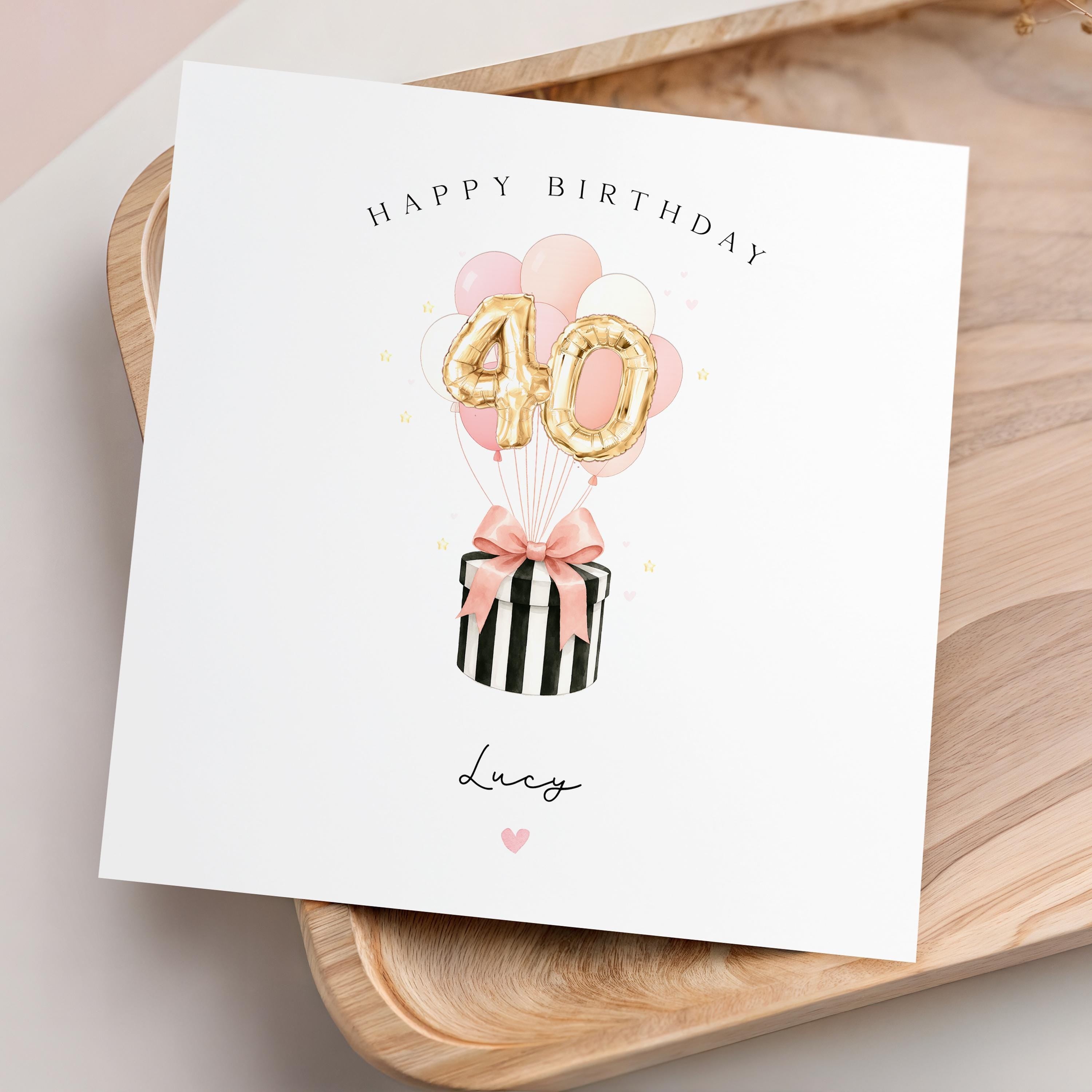 Personalised 40th Birthday Card, Special Milestone Card, Birthday Card For Daughter, Friend, Niece, Pink Balloons 40, Hat Box, Fortieth