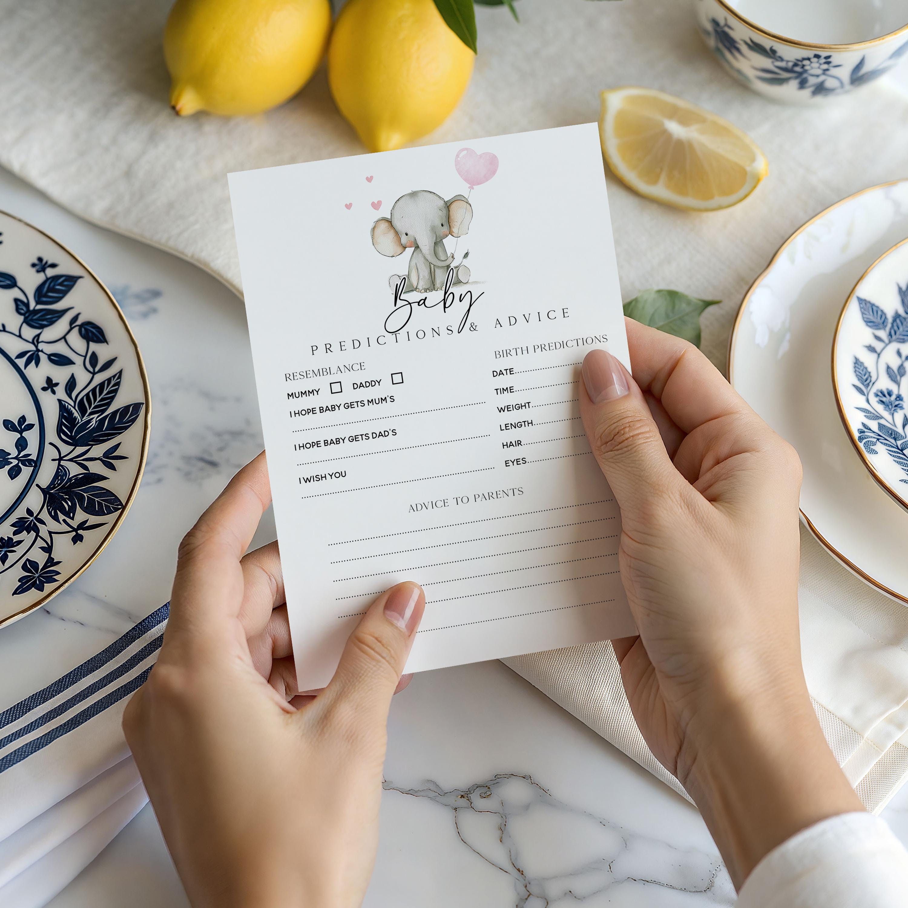 Handmade Baby Shower Prediction/Advice Cards- Pink Elephant Theme