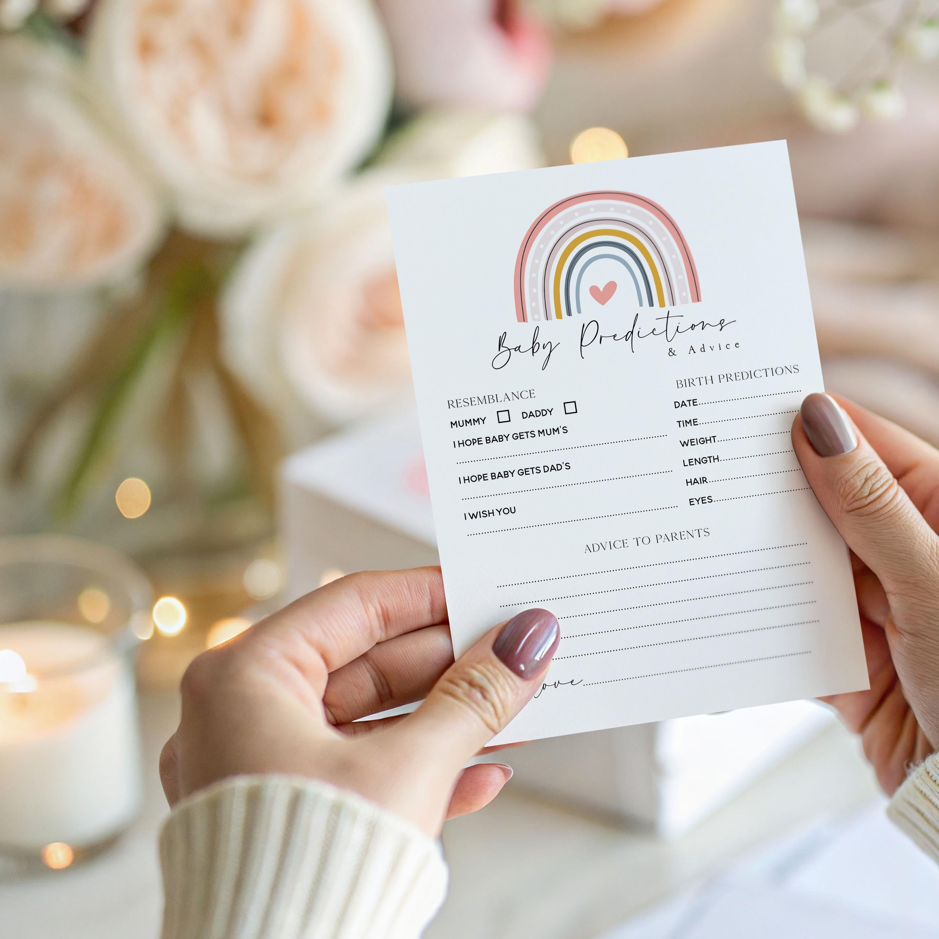 Handmade Baby Shower Prediction/Advice Cards- Pink Rainbow Theme- New Mum To Be-/Keepsake-Custom Baby Shower Cards-Baby Shower Games