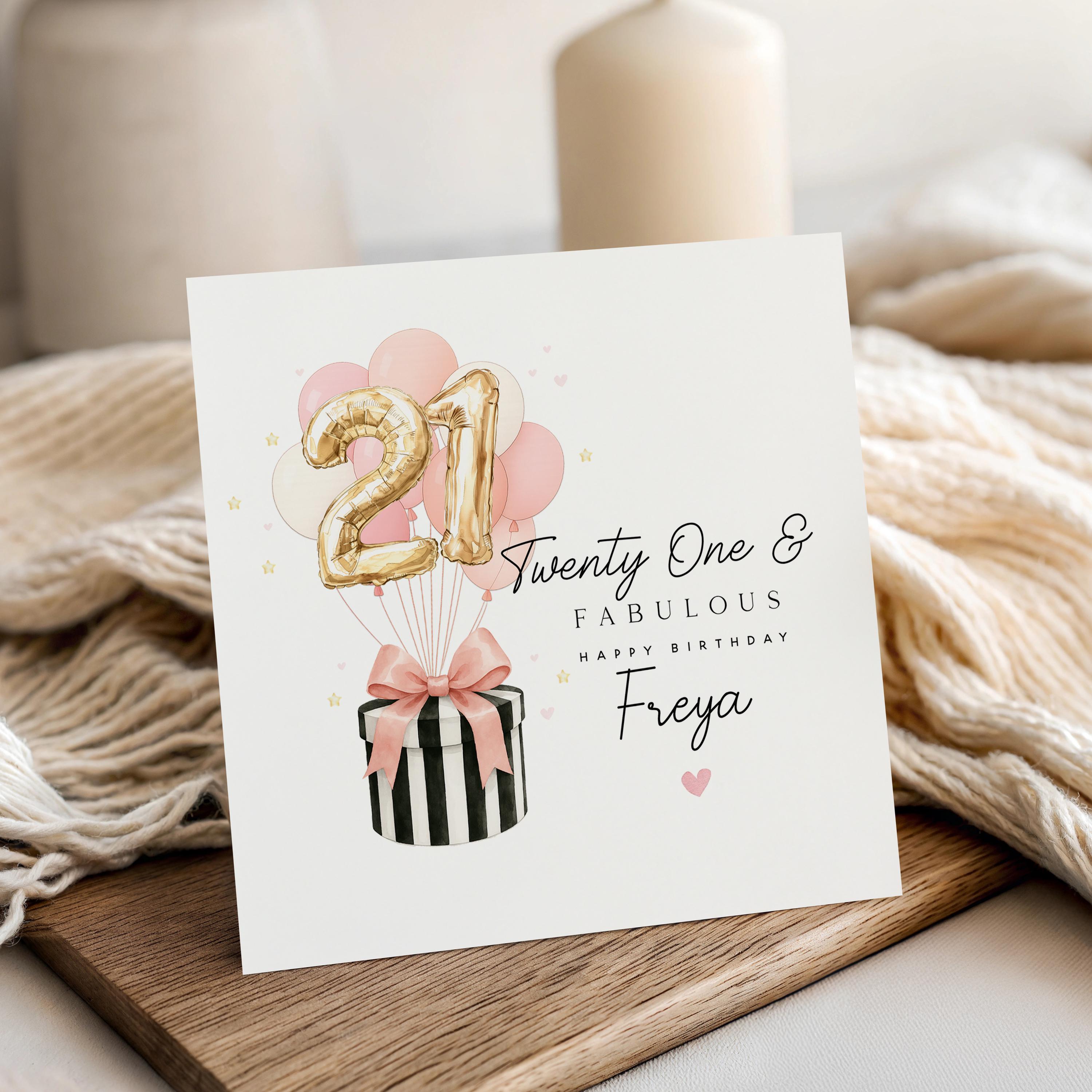 Personalised 21st Birthday Card, Special Milestone Card, Birthday For Daughter, Wife, Black White Hatbox, Gold Balloons 21, Twenty One