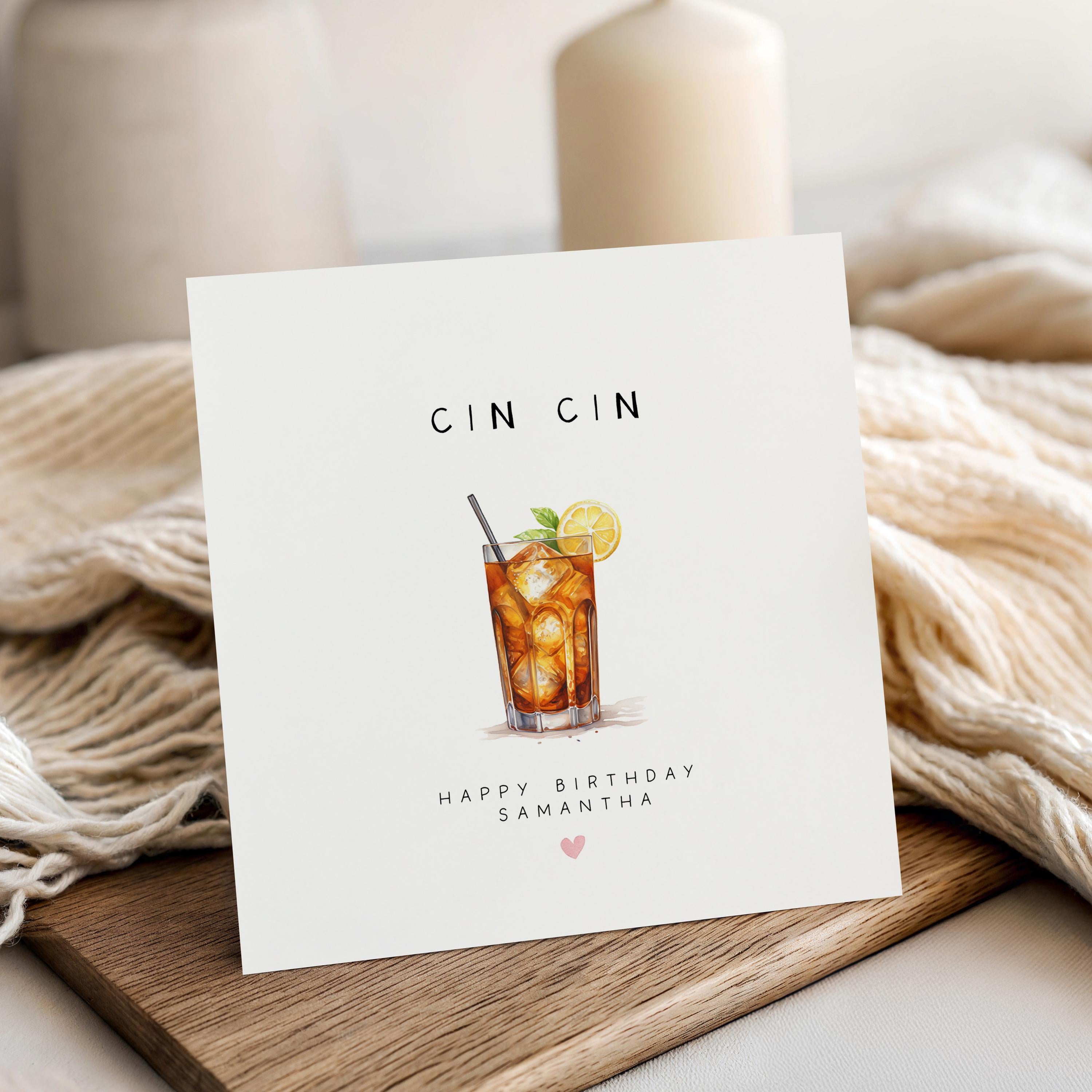 Personalised Birthday Card, Cin Cin Long Island Iced Tea Cocktail Card, Daughter, Granddaughter, Sister, Niece Birthday Card,Kraft Envelope