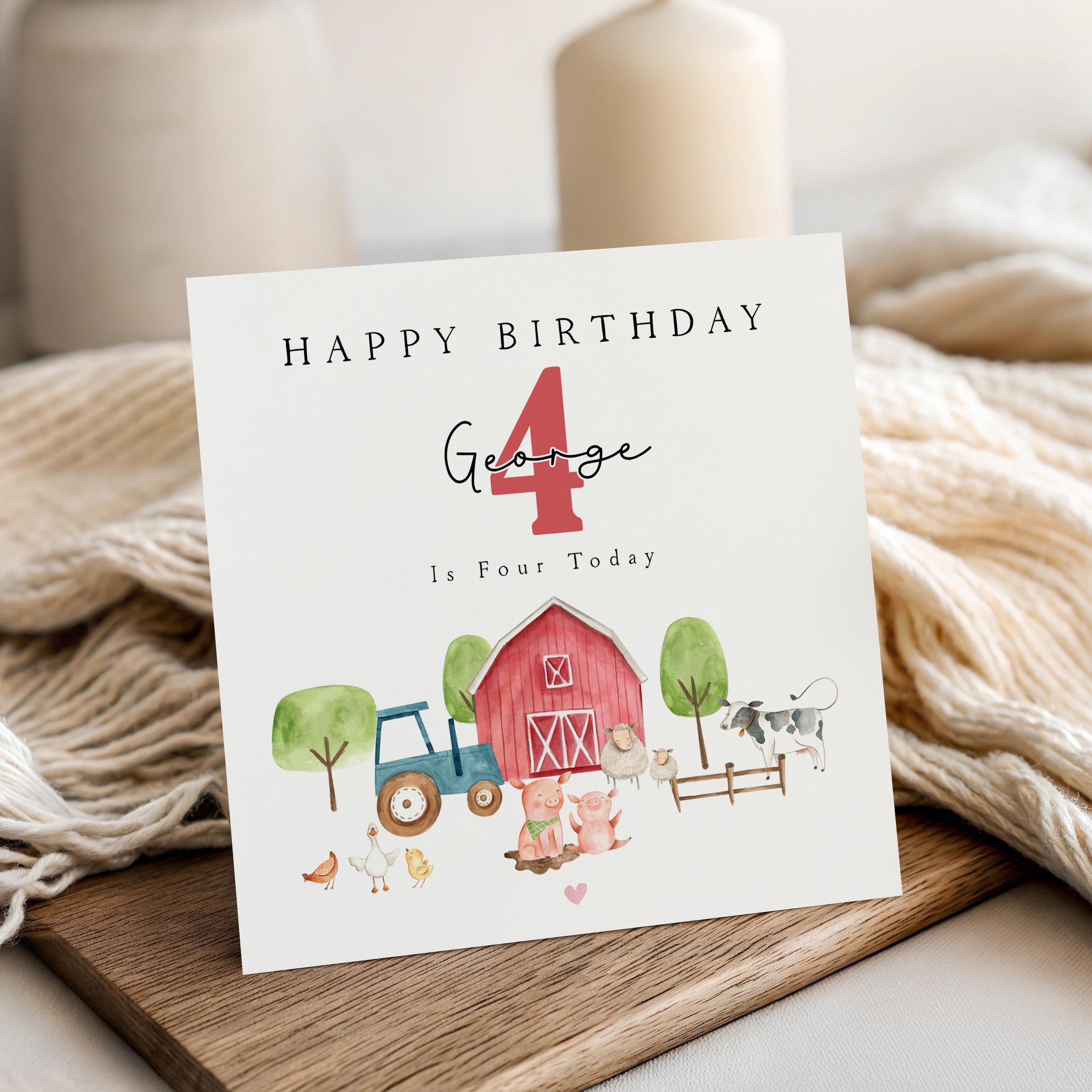 Personalised 4th Birthday Card, Little Farm Card, 4th Birthday Card For Son, Nephew, Grandson , Four Year Old Birthday- Cute Farm Animals