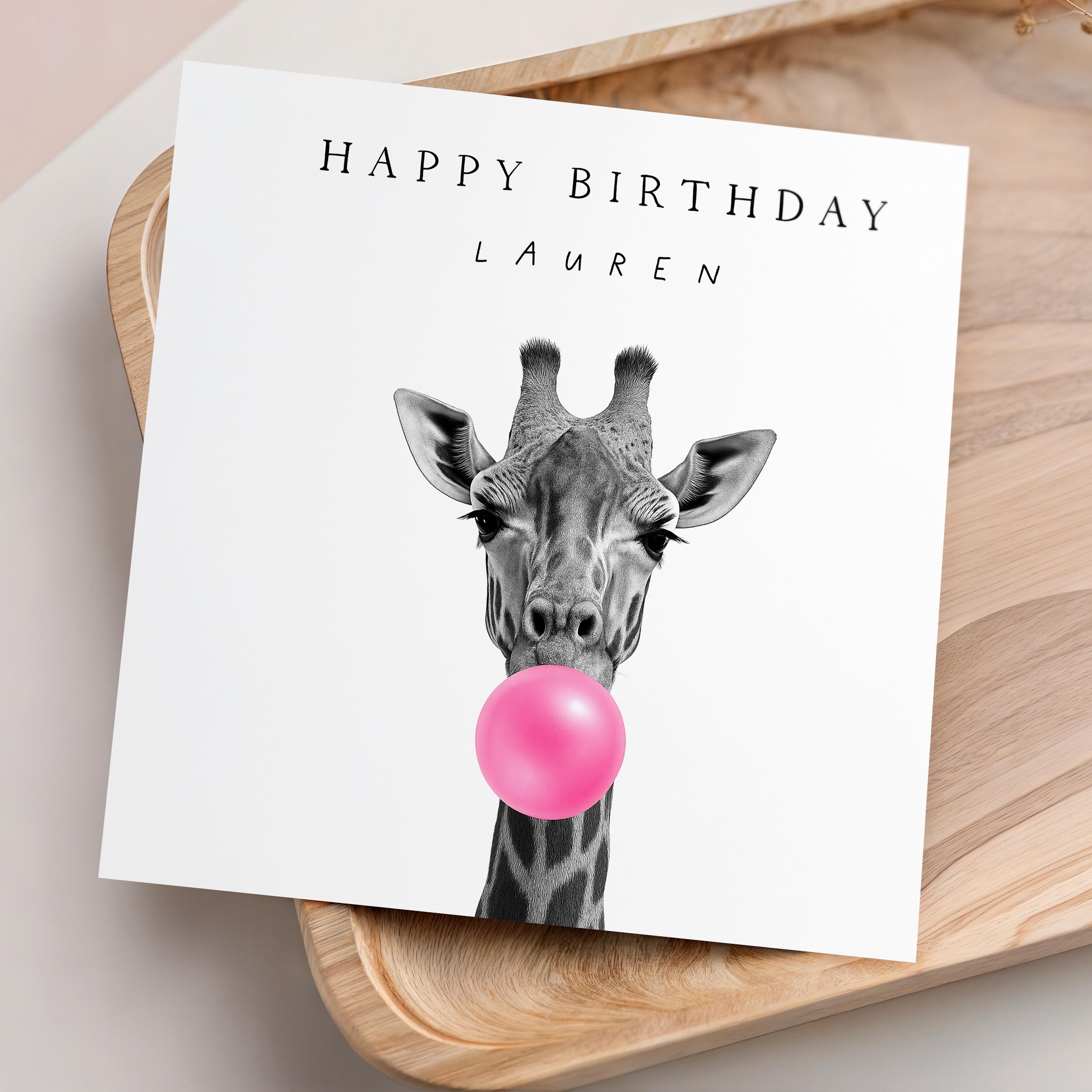 Personalised Birthday Card, Giraffe Bubble Gum Birthday Card, Birthday Card For Wife, Sister, Daughter, Auntie, Kraft Envelope 6 x 6