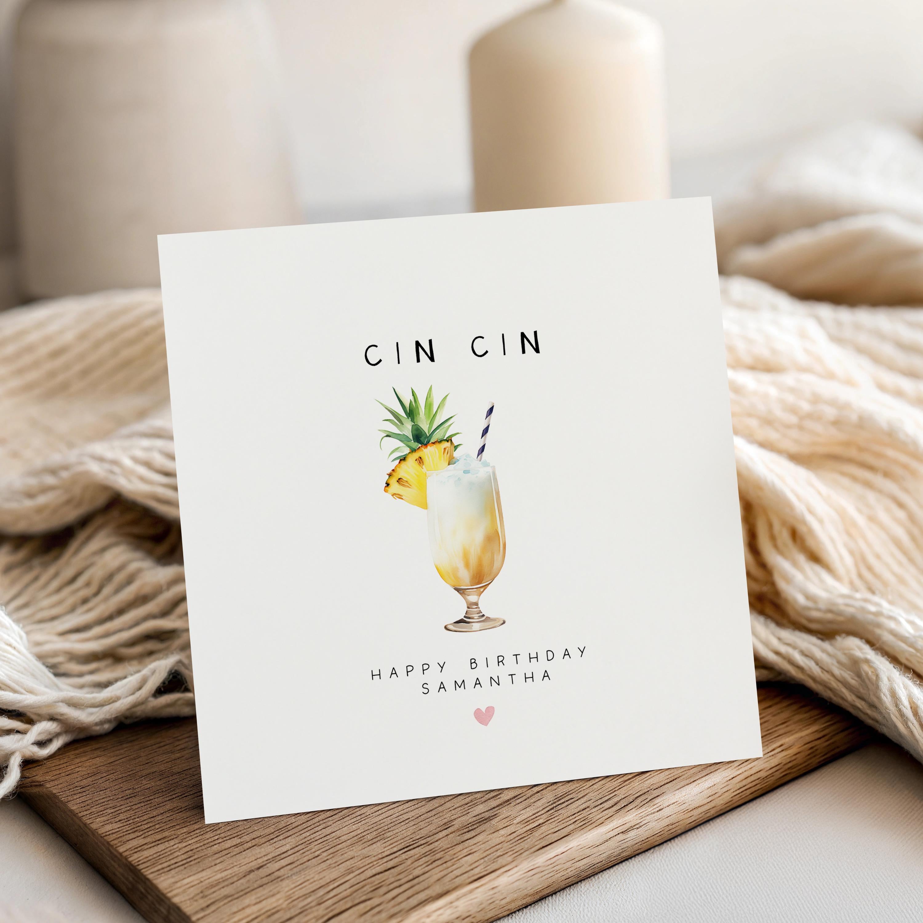 Personalised Birthday Card, Cin Cin Pina Colada Cocktail Card, Daughter, Granddaughter, Sister, Niece Birthday Card, Kraft Envelope