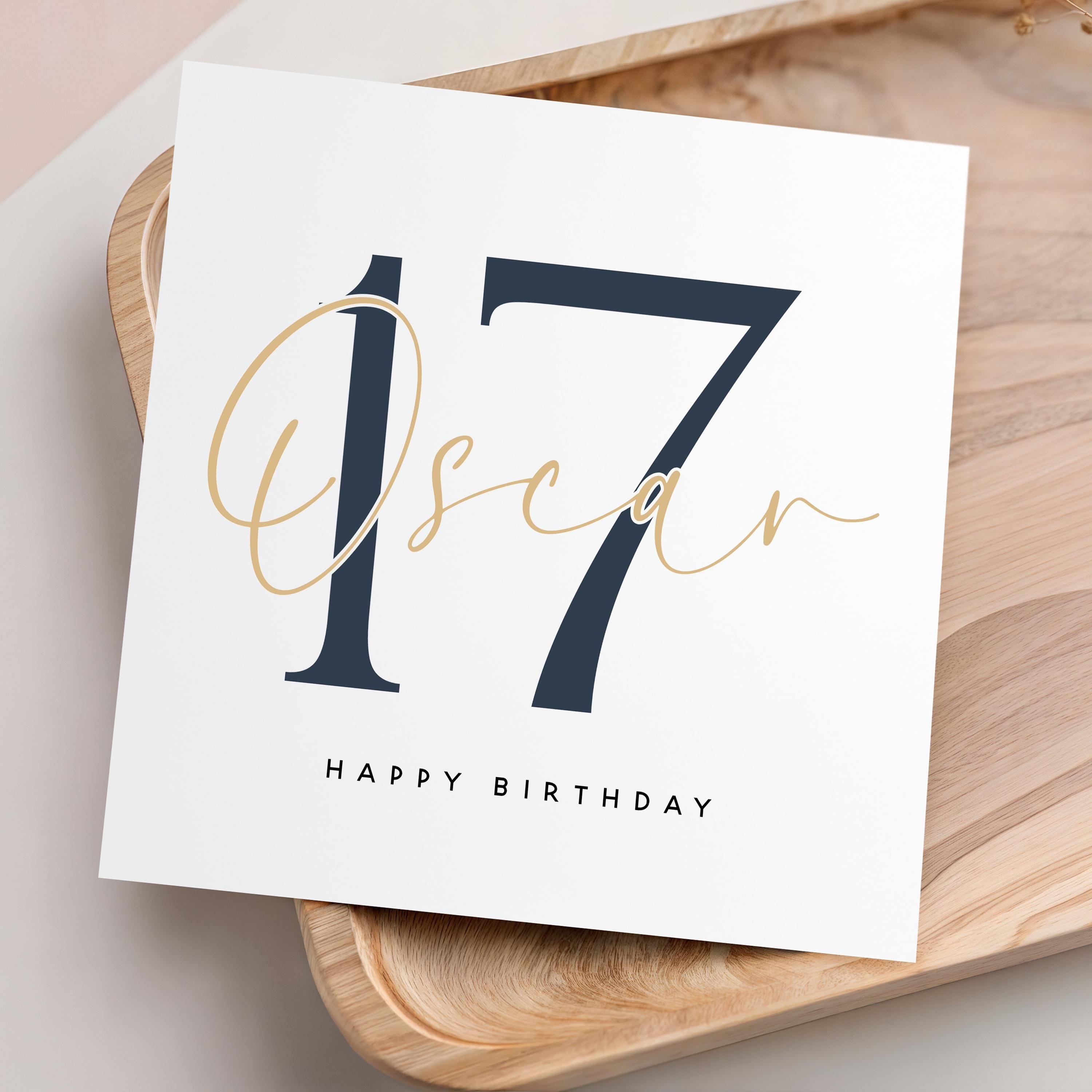 Personalised 17th Birthday Card, Special Milestone Card For Him, Birthday For Son, Grandson ,Nephew, Script & Navy 17, Seventeen Minimal