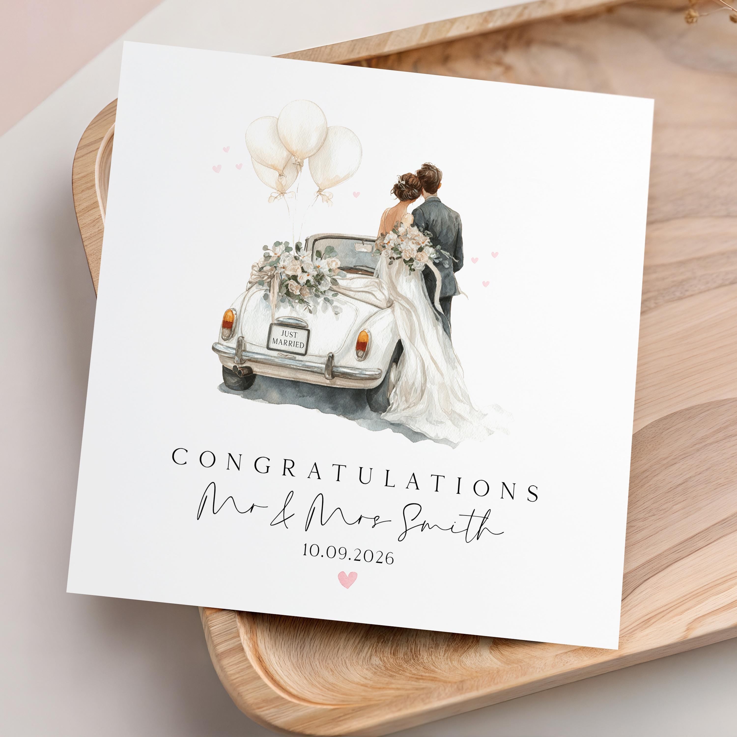 Personalised Wedding Card ,Couple, Wedding Car Vintage, Just Married, Wedding Gift, Newlyweds, Mr and Mrs, Custom Date, Congratulations