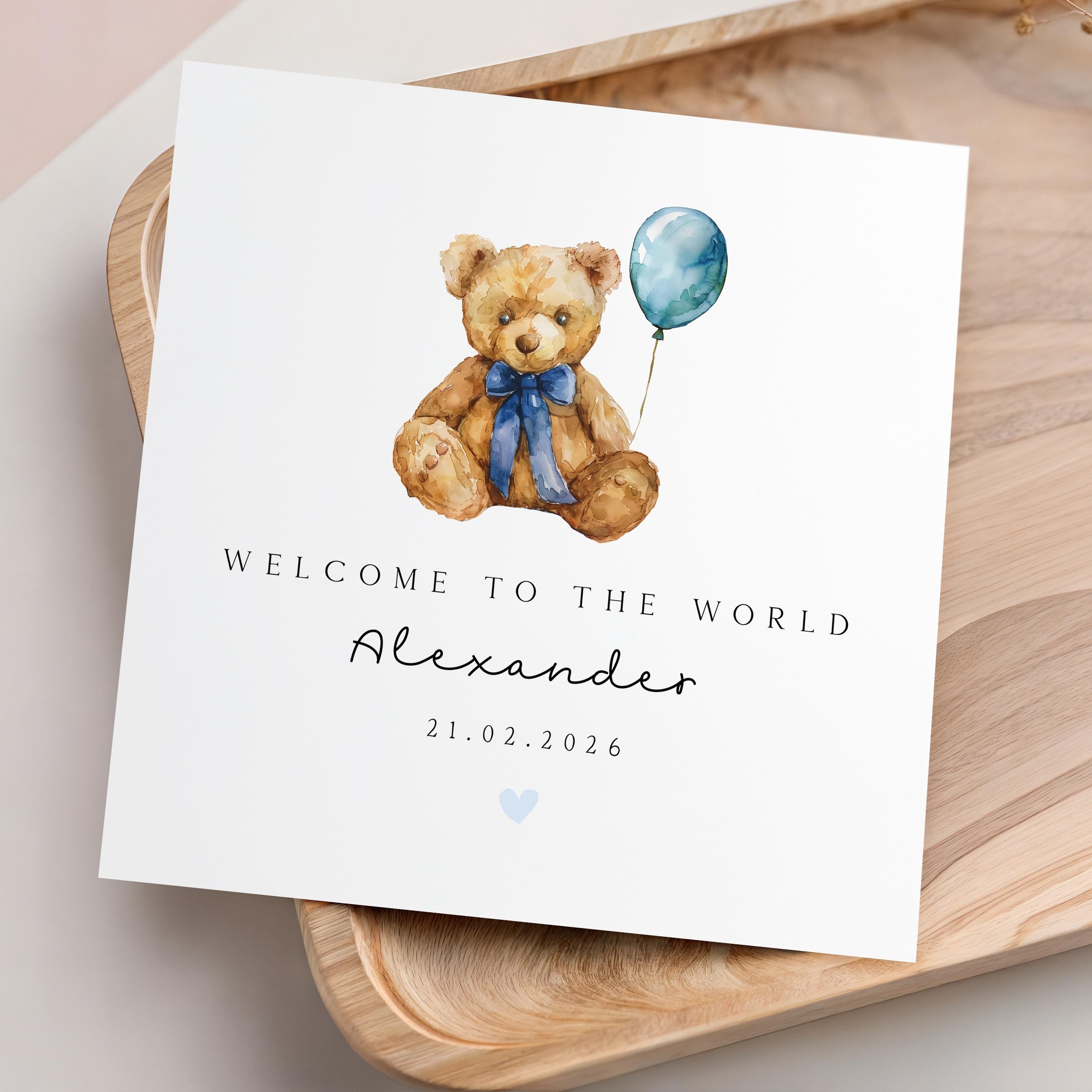 Personalised New Baby Card, Welcome To The World Card, Blue Teddy Bear Design, Newborn Baby Boy, Congratulations New Parents, Kraft Envelope