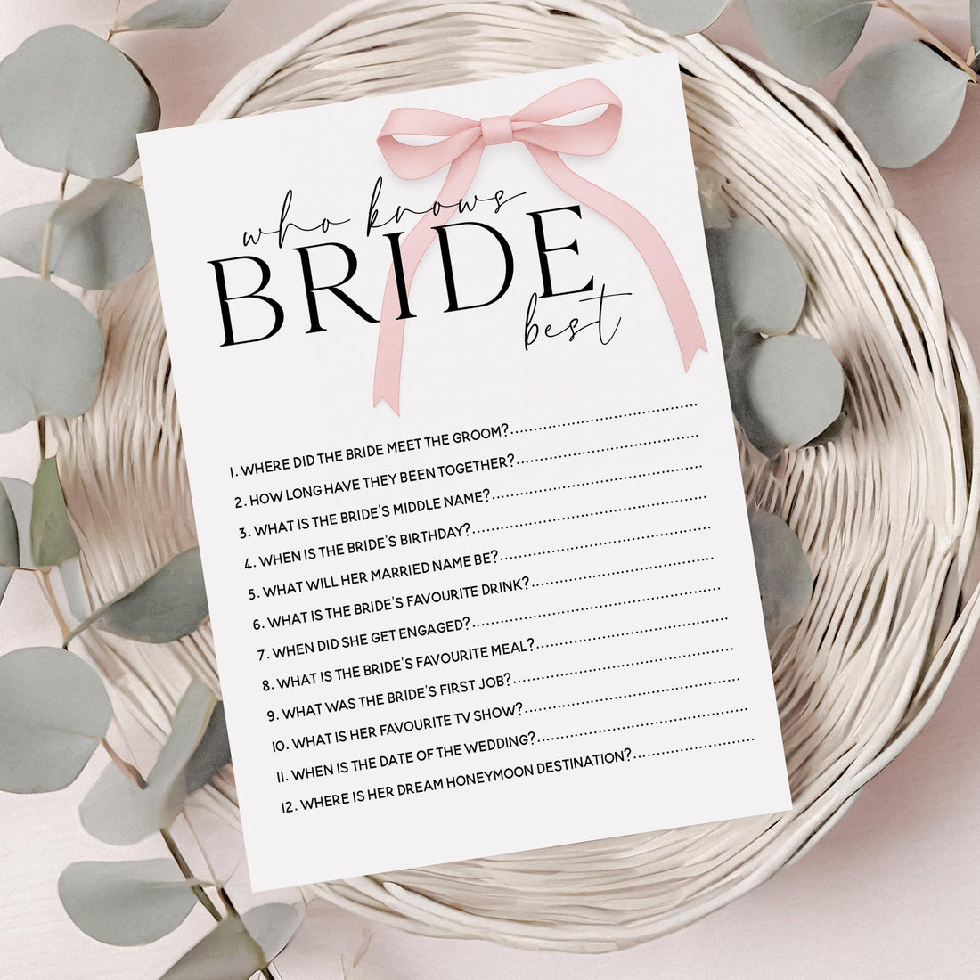 Advice To Bride Cards, Hen Party Games, Hen Party Favours, Hen Do Games, Who Knows The Bride Best, Memory With Bride, Pink Bow Theme