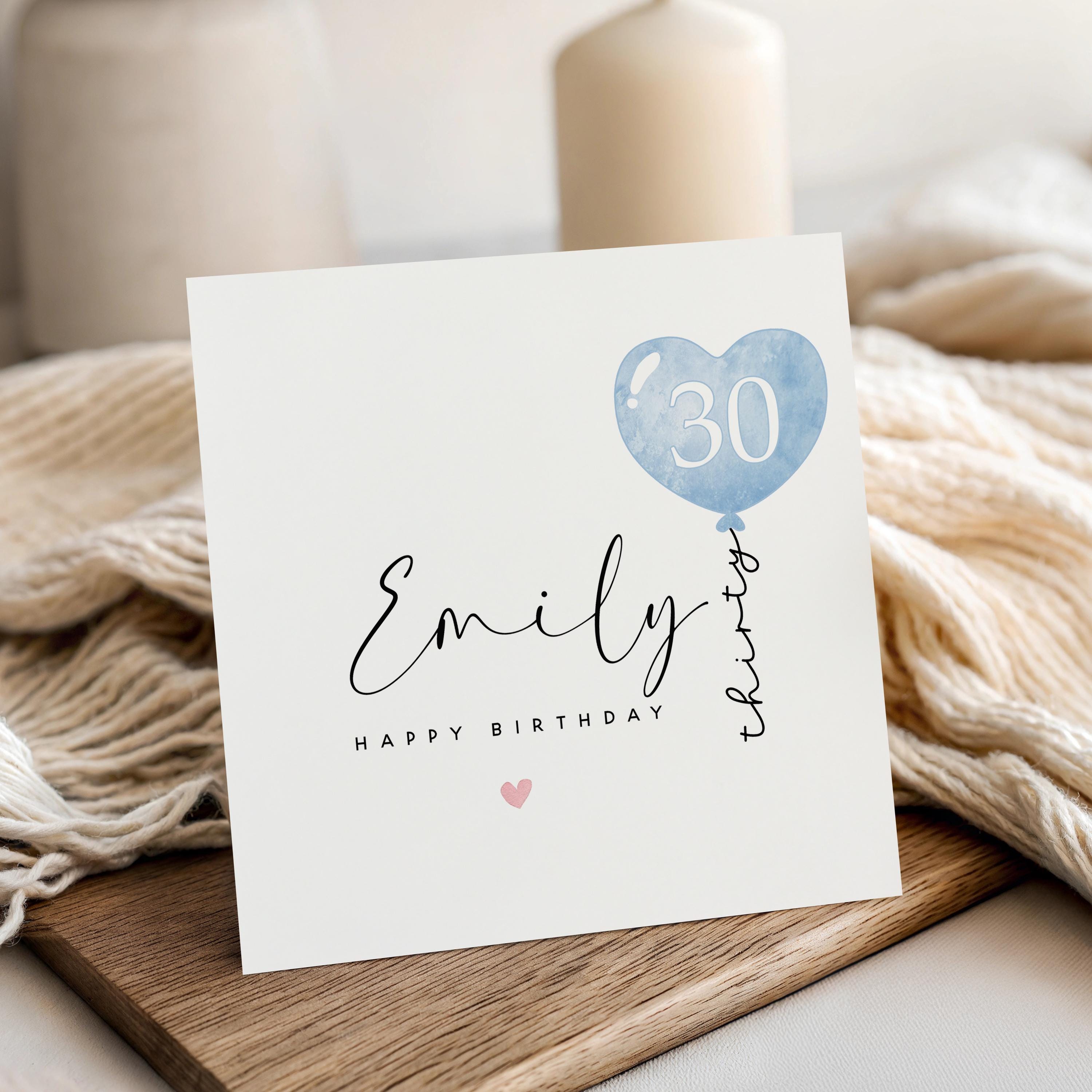 Personalised 30th Birthday Card, Special Milestone Card, Birthday For Daughter, Blue Balloon 30, Thirty Minimal-Kraft Envelope Included