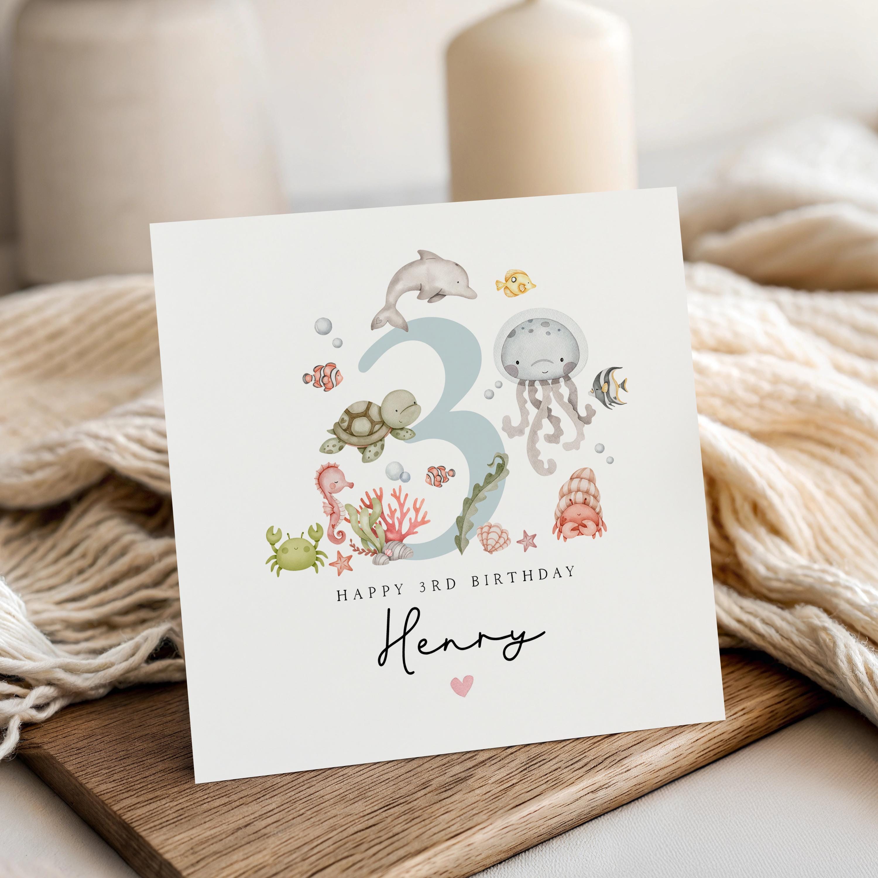 Personalised 3rd Birthday Card Cute Under the Sea Birthday Card, Third Birthday, Turtle Octopus Narwhal Crab Design