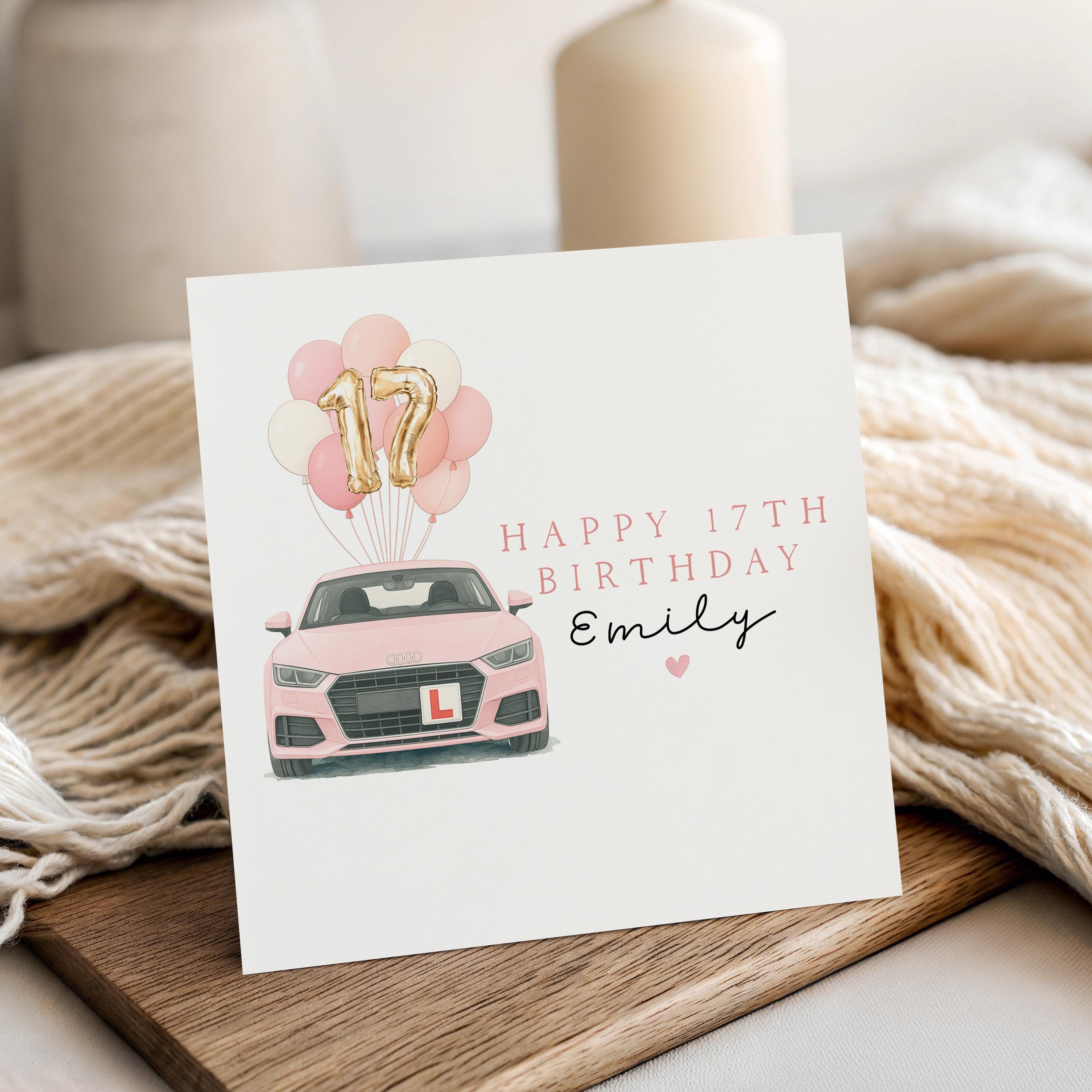 17th Birthday Card Personalised, Milestone Birthday, Seventeenth, Daughter, Granddaughter, Step Daughter Niece Birthday Card, Pink Car