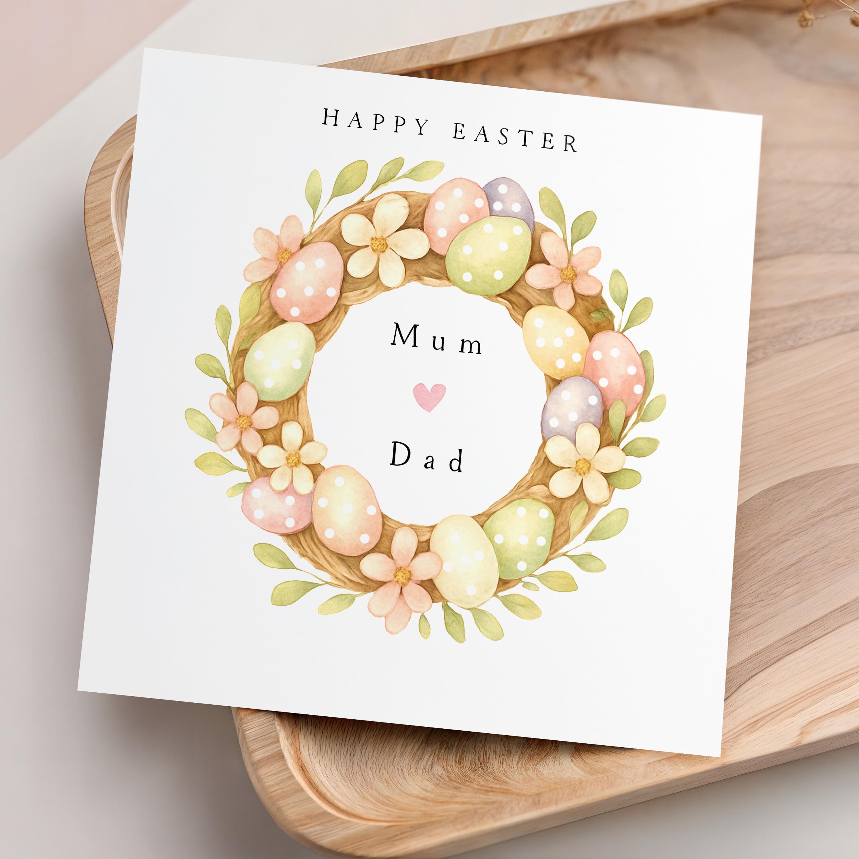 Floral Wreath Happy Easter Card, Mum & Dad, Grandparents, Kids, Son, Daughter