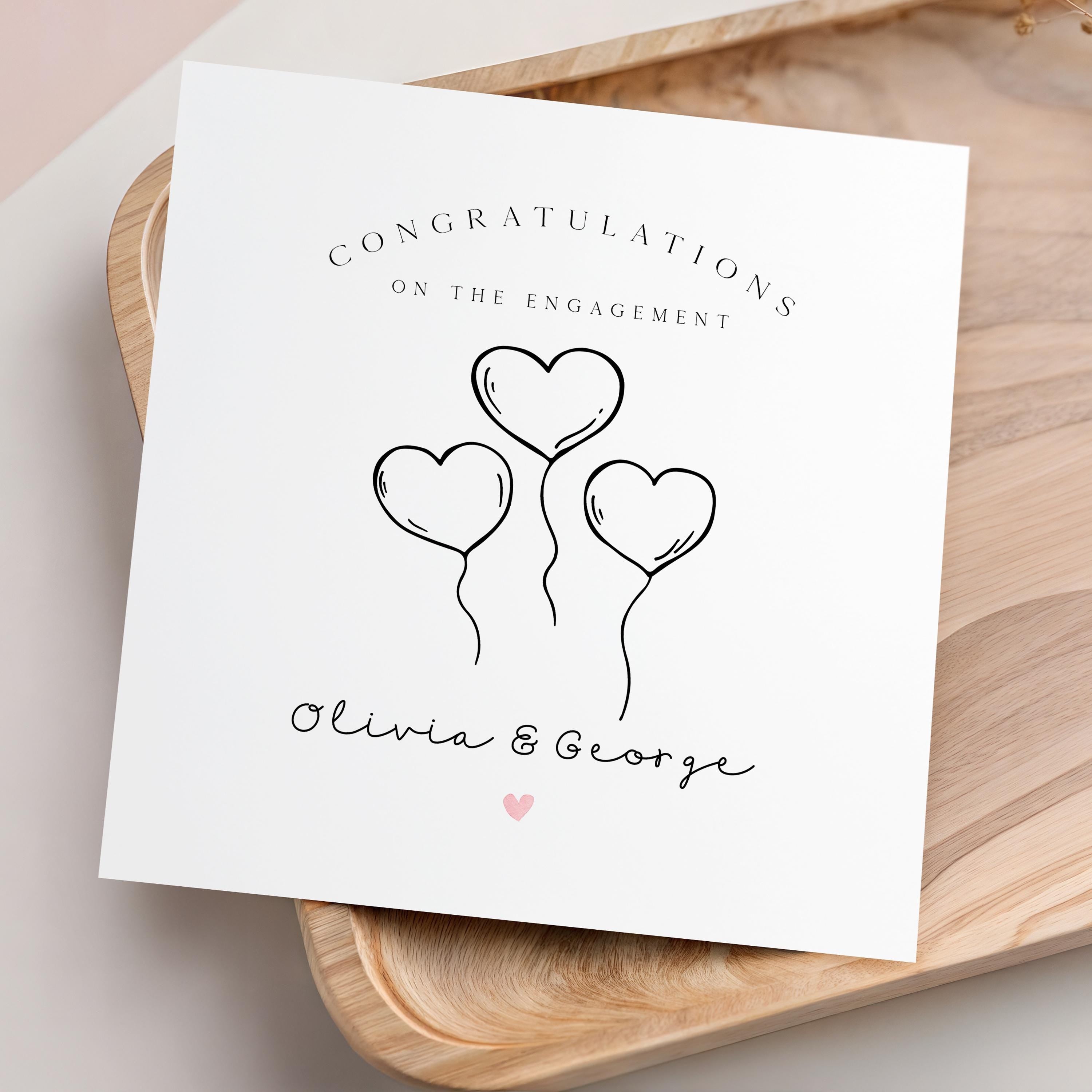Personalised Engagement Card For Couple, Congratulations Card, Heart Balloons, Minimal, Custom Names, Engagement Gift
