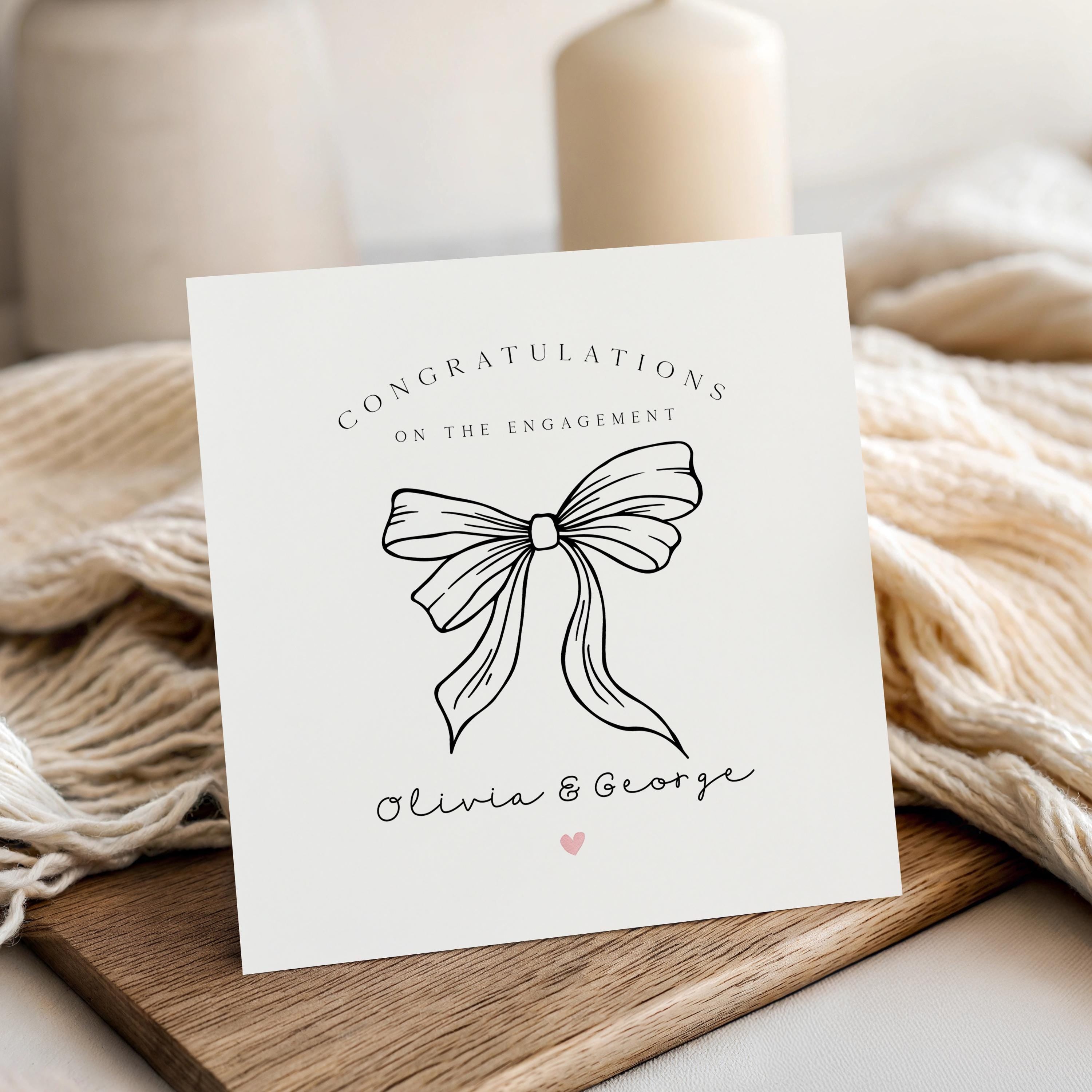 Personalised Engagement Card For Couple, Congratulations Card, Ribbon Bow, Minimal, Custom Names, Engagement Gift