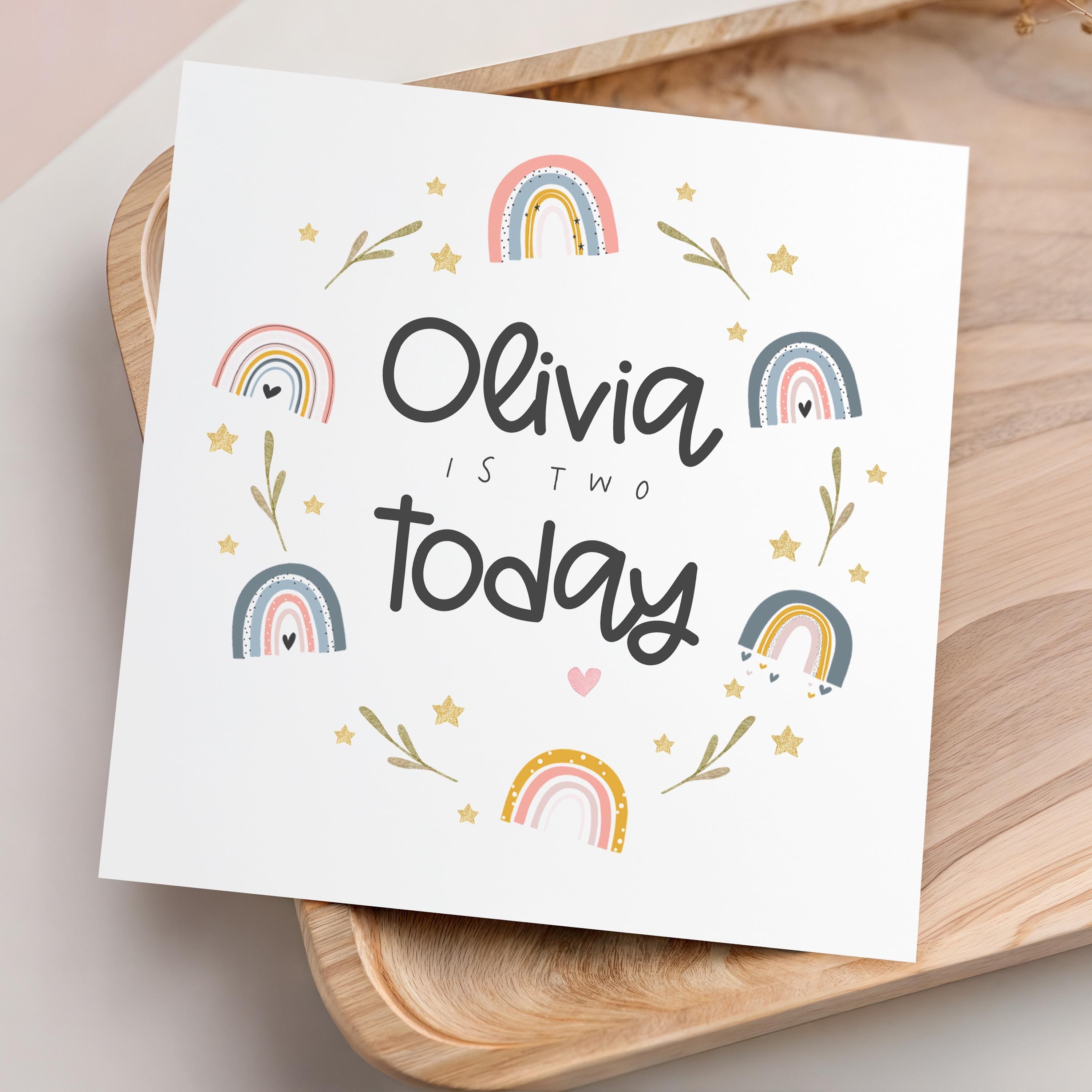Personalised 2nd Birthday Card, Rainbow Design, Kraft Envelope
