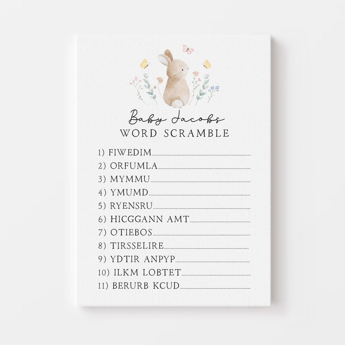 Personalised Baby Scramble Cards- Cute Bunny Theme- New Mum To Be-/Keepsake-Custom Baby Shower Cards-Baby Shower Games