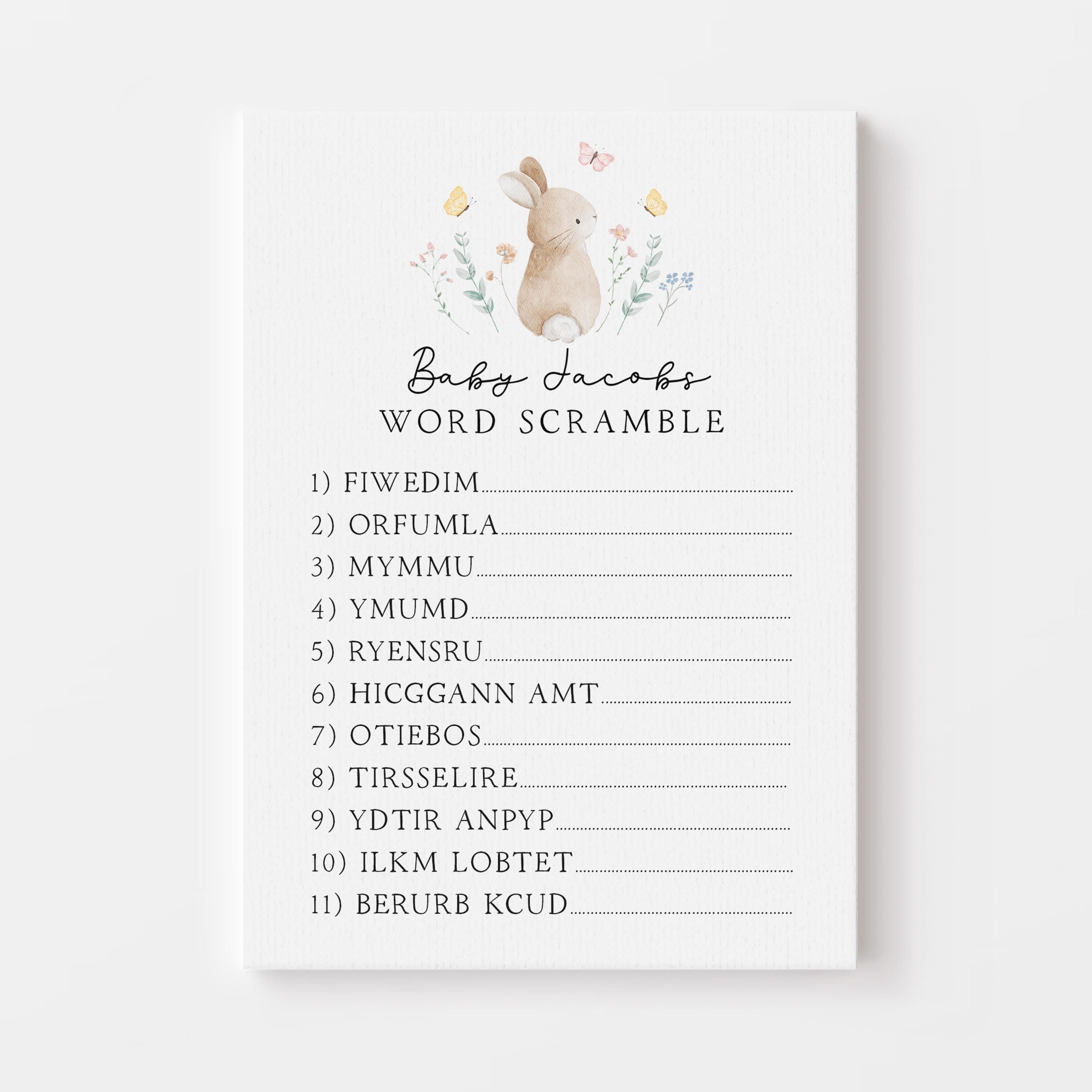 Personalised Baby Scramble Cards- Cute Bunny Theme- New Mum To Be-/Keepsake-Custom Baby Shower Cards-Baby Shower Games