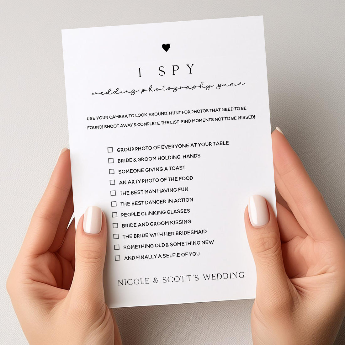 Personalised Wedding I Spy Game Game Minimal Heart Design