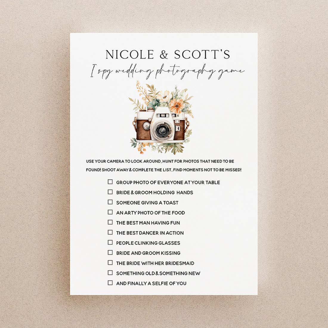 Personalised Wedding I Spy Game Game Floral Camera Design