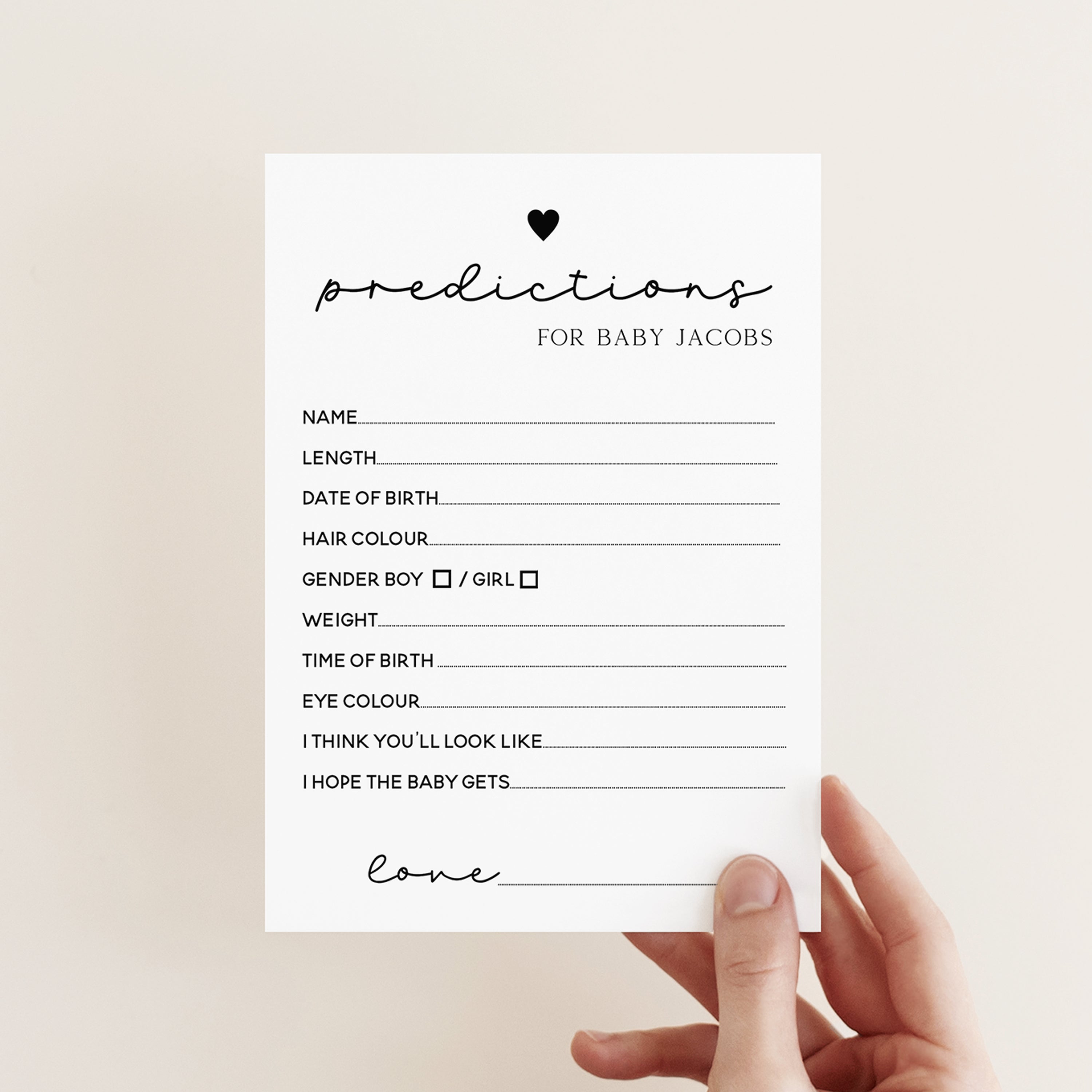 Personalised Minimalist White Baby Predictions Game