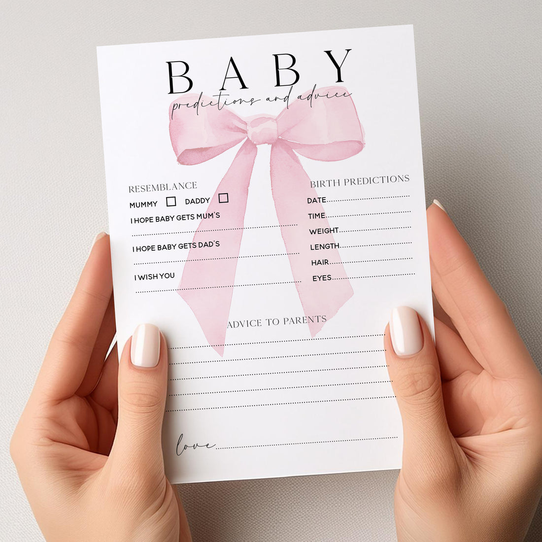 Pink Bow / Coquette Design Baby Shower Baby Birth Prediction & Advice Cards A5