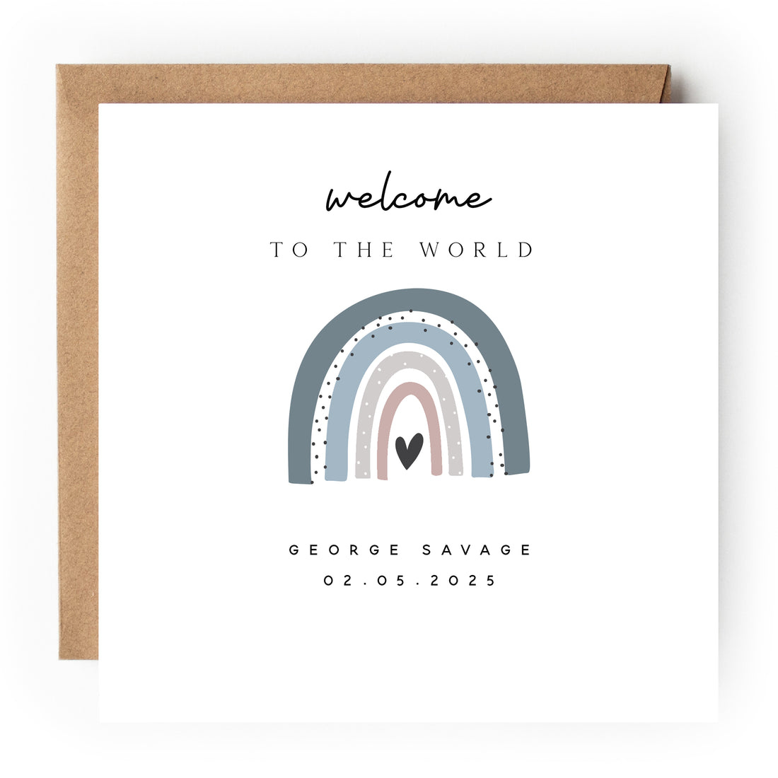 Personalised Welcome To The World Card Blue Boho Rainbow Newborn Baby Card