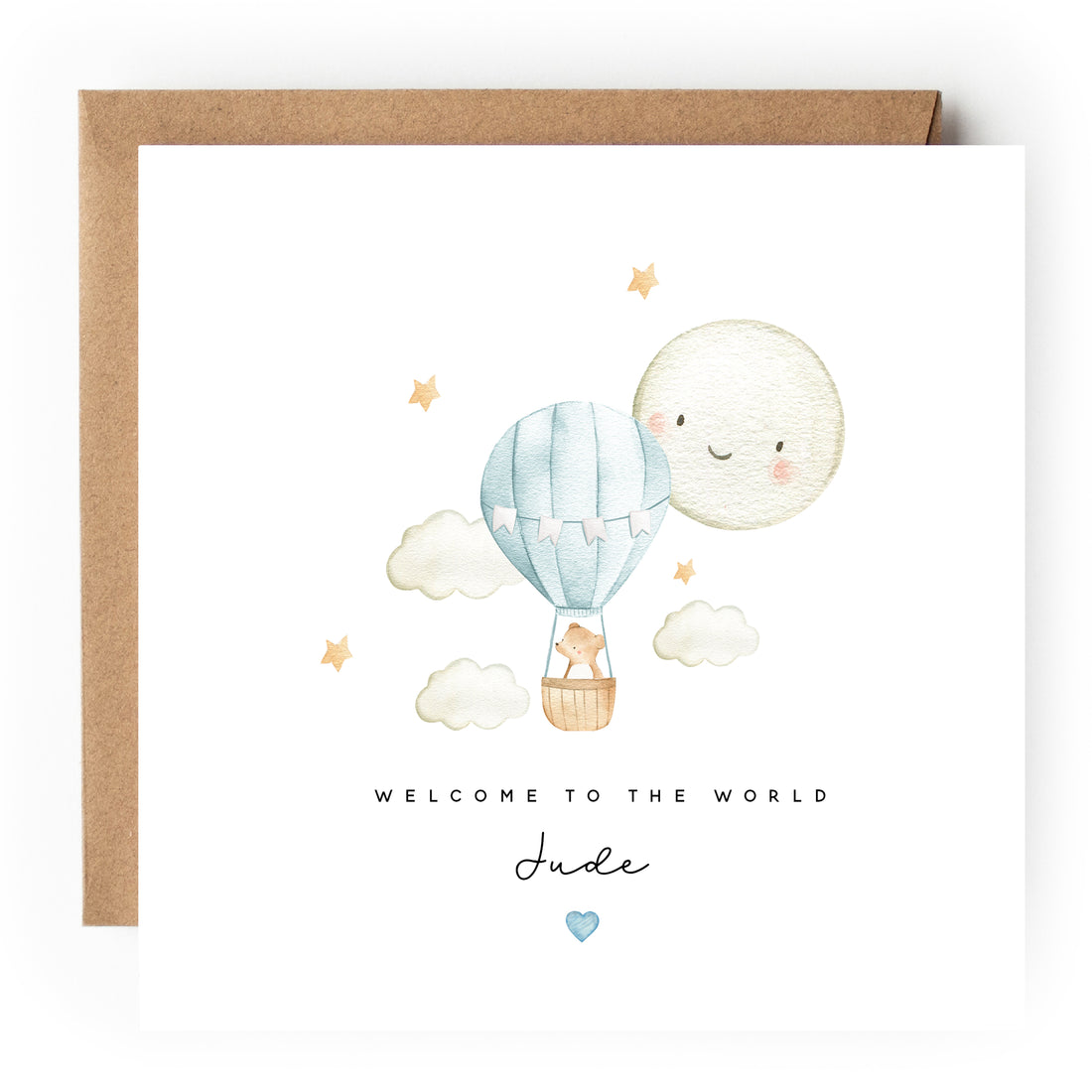 Personalised Welcome To The World Blue Air balloon Newborn Baby Card